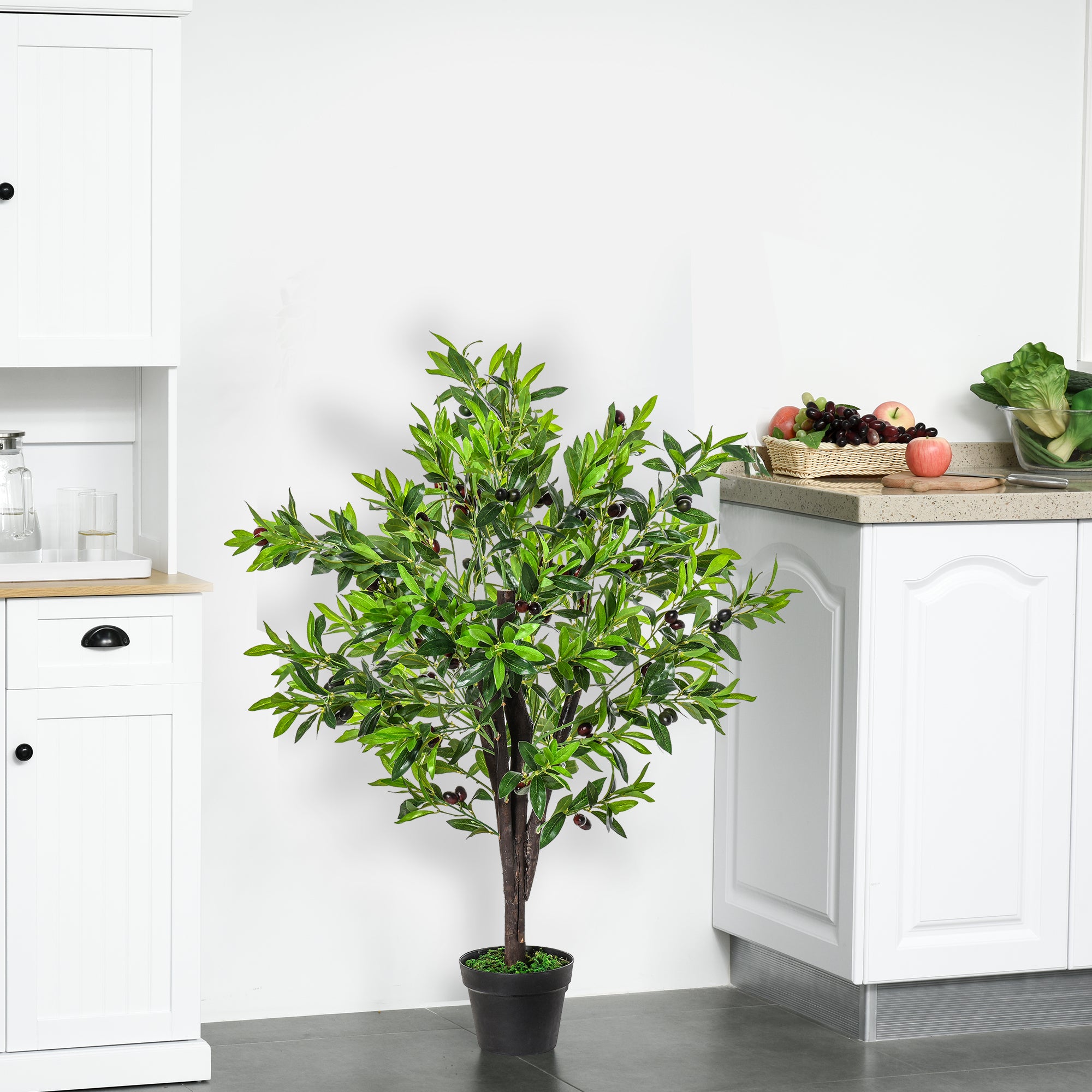 Outsunny 4FT Artificial Olive Tree, Faux Decorative Plant with 1080 Leaves, 108 Fruits and Nursery Pot for Indoor or Outdoor D茅cor, Green