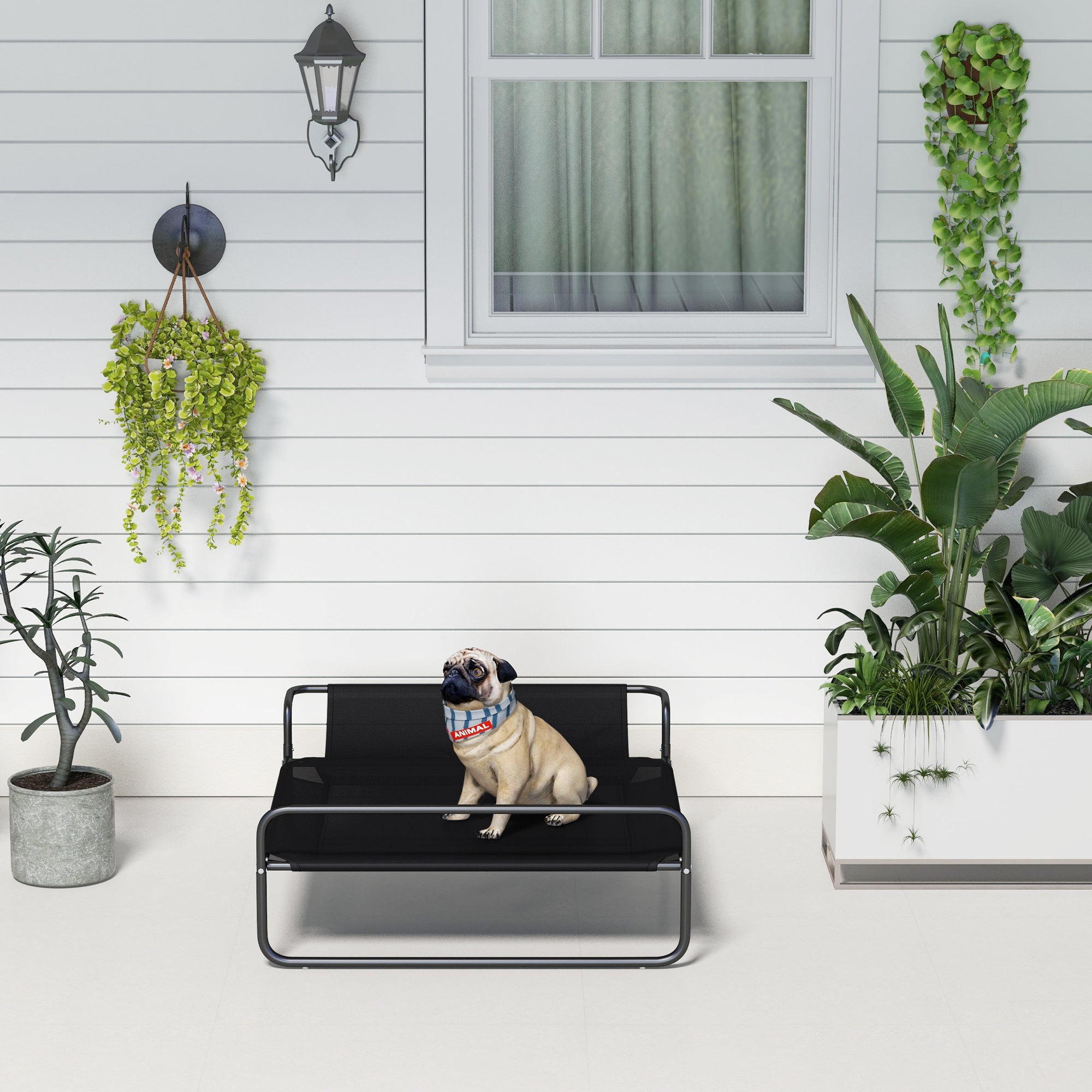 PawHut Cooling Raised Dog Bed, Elevated Pet Bed with Slope Headrest, Washable Breathable Mesh, Foot Pads, for Indoor and Outdoor Use, Small, Medium Dogs, 91 x 69 x 29cm - Black