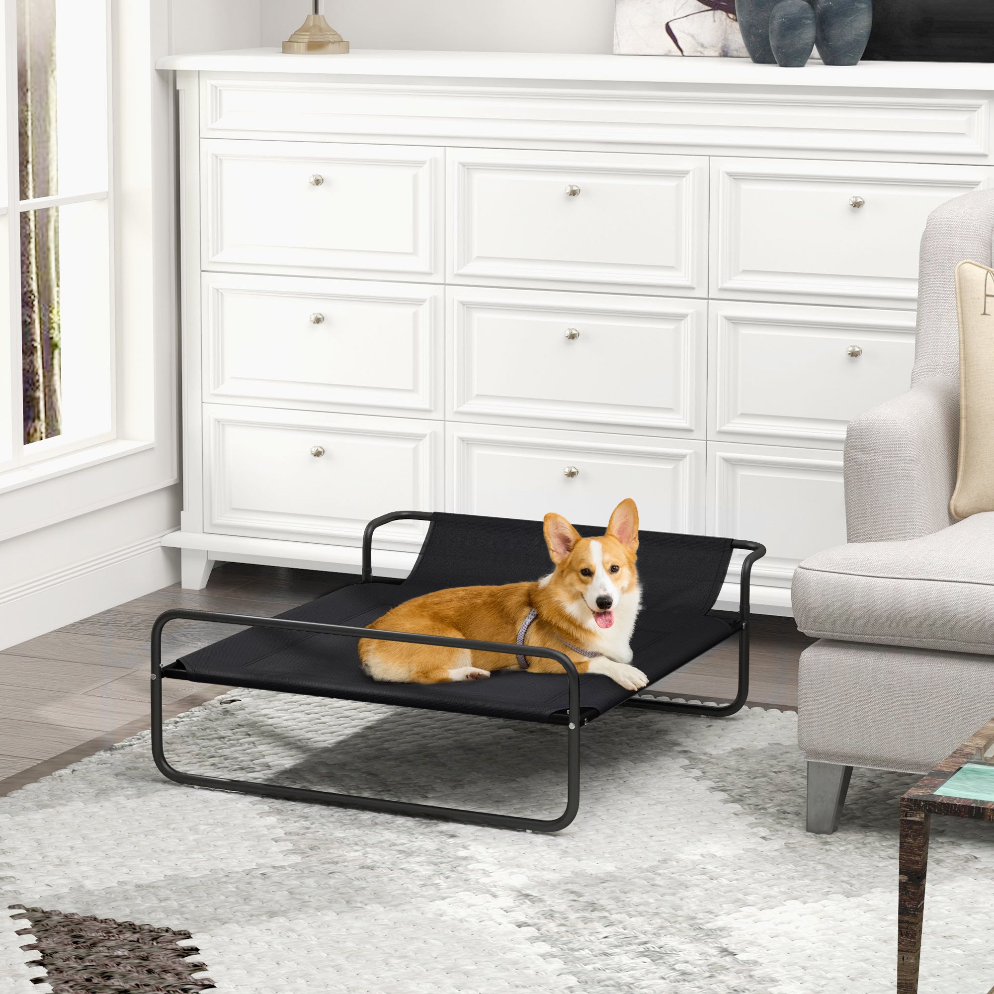 PawHut Cooling Raised Dog Bed, Elevated Pet Bed with Slope Headrest, Washable Breathable Mesh, Foot Pads, for Indoor and Outdoor Use, Small, Medium Dogs, 91 x 69 x 29cm - Black