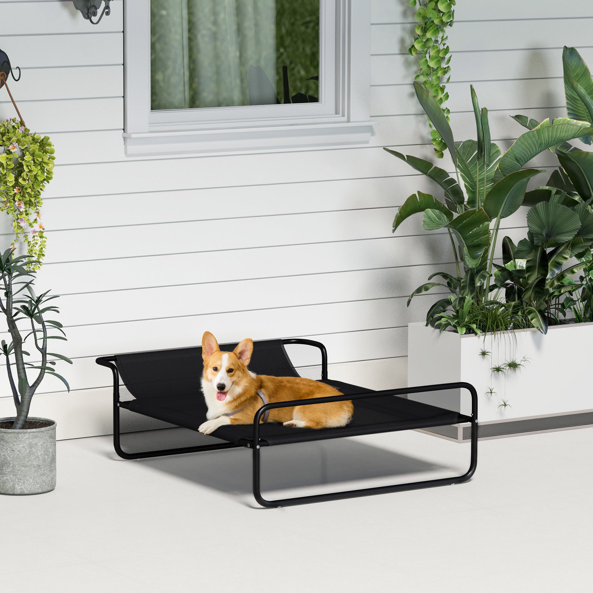 PawHut Cooling Raised Dog Bed, Elevated Pet Bed with Slope Headrest, Washable Breathable Mesh, Foot Pads, for Indoor and Outdoor Use, Small, Medium Dogs, 91 x 69 x 29cm - Black