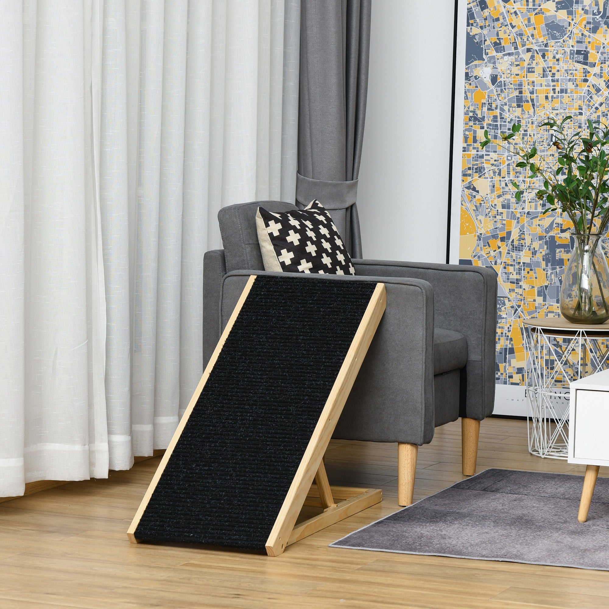 PawHut Dog Ramp for Bed Couch, Foldable Wooden Pet Ramp Height Adjustable 4 Levels, for Cats Large Dogs with Non Slip Carpeted Surface, Natural