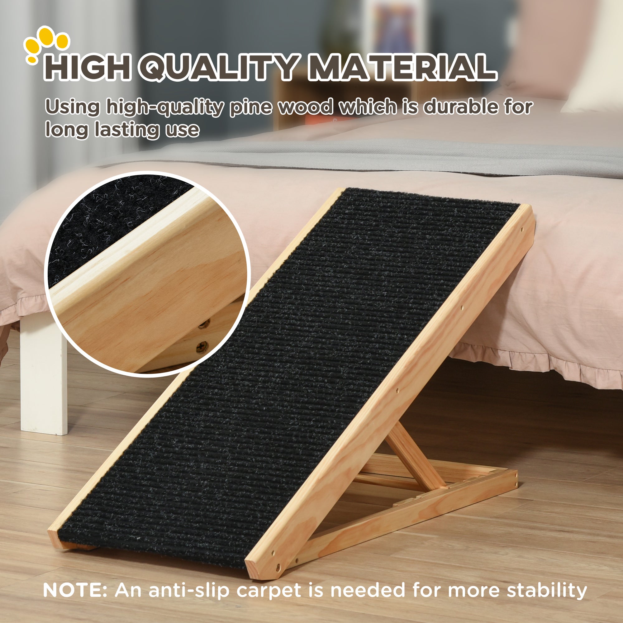 PawHut Dog Ramp for Bed Couch, Foldable Wooden Pet Ramp Height Adjustable 4 Levels, for Cats Large Dogs with Non Slip Carpeted Surface, Natural