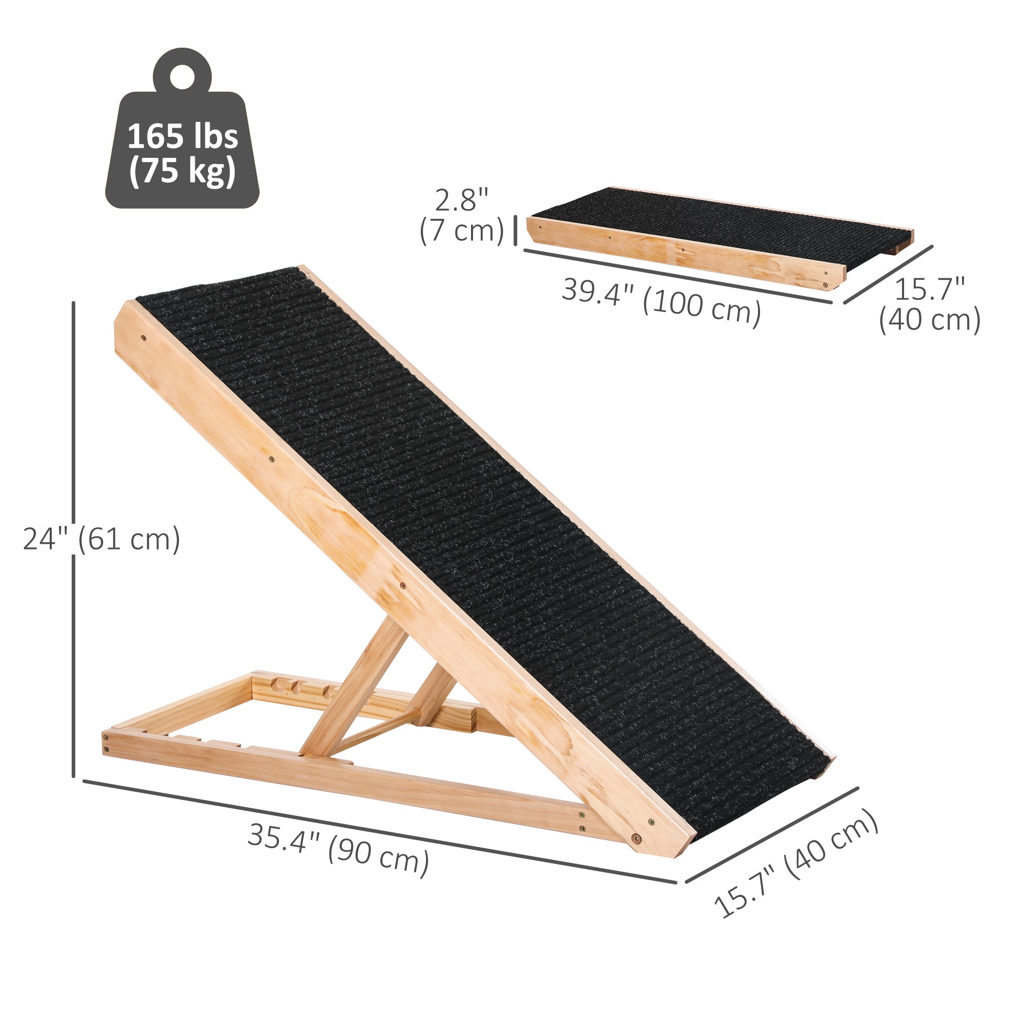 PawHut Dog Ramp for Bed Couch, Foldable Wooden Pet Ramp Height Adjustable 4 Levels, for Cats Large Dogs with Non Slip Carpeted Surface, Natural