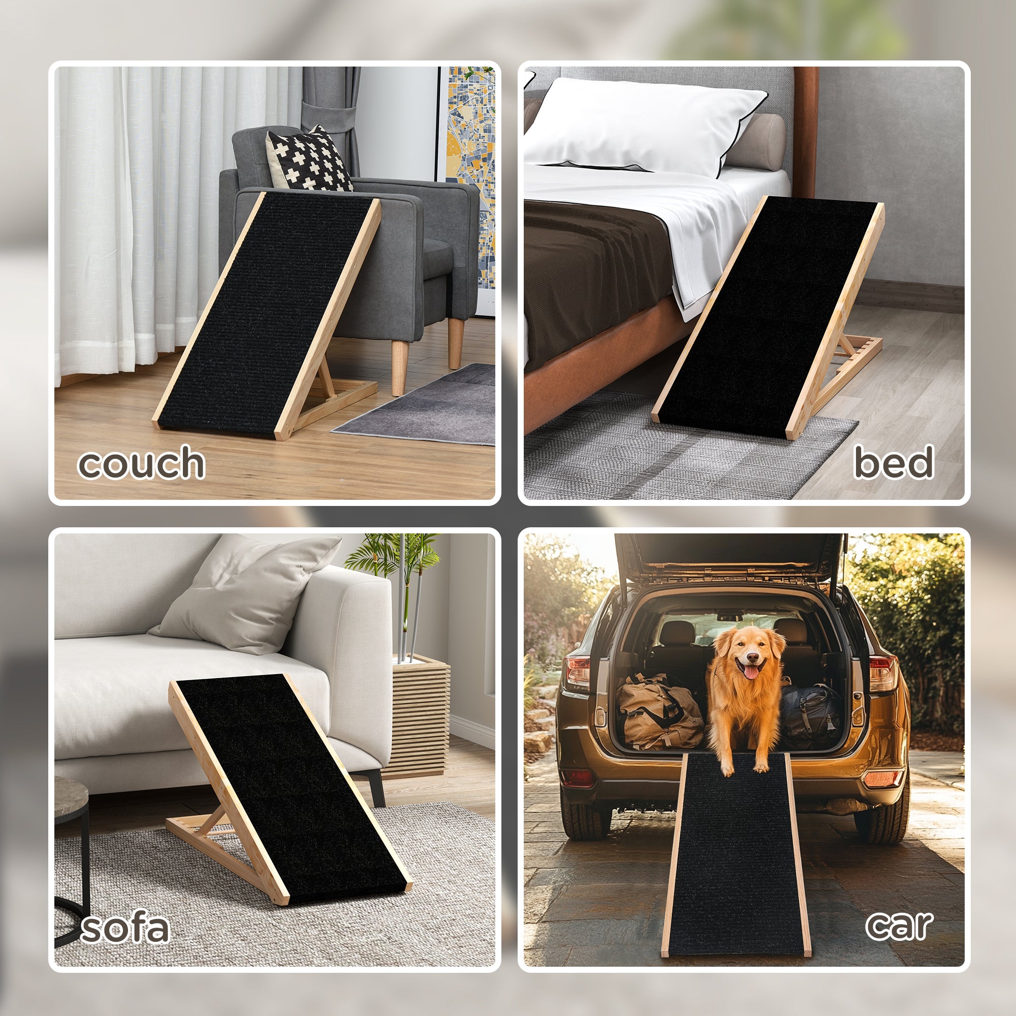PawHut Dog Ramp for Bed Couch, Foldable Wooden Pet Ramp Height Adjustable 4 Levels, for Cats Large Dogs with Non Slip Carpeted Surface, Natural
