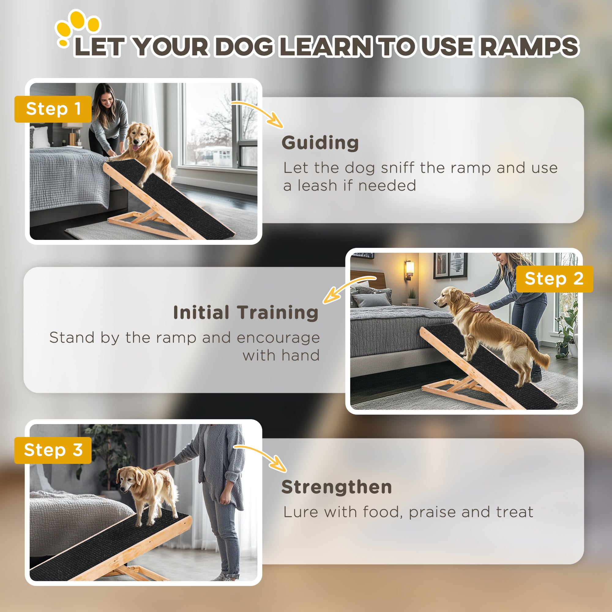 PawHut Dog Ramp for Bed Couch, Foldable Wooden Pet Ramp Height Adjustable 4 Levels, for Cats Large Dogs with Non Slip Carpeted Surface, Natural