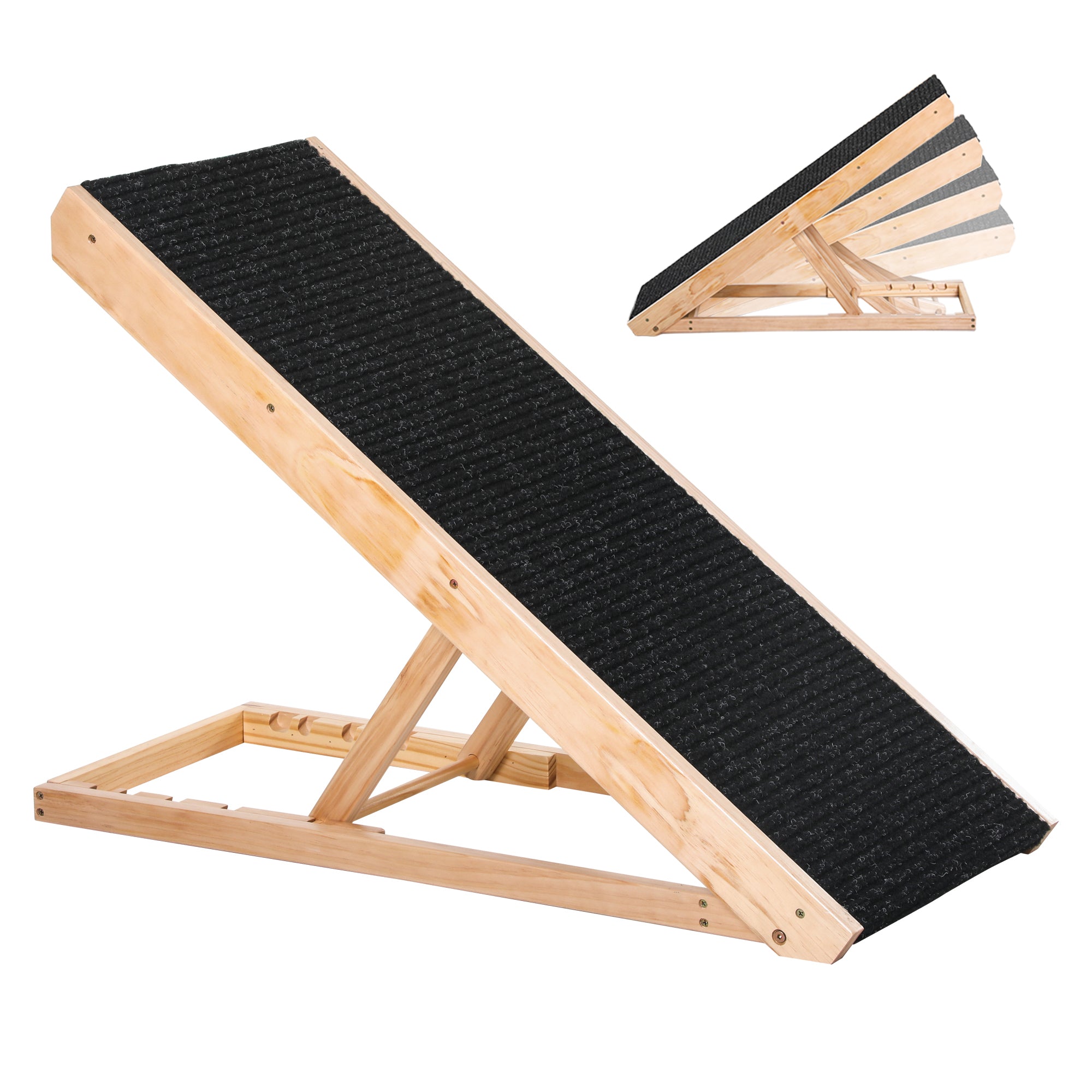 PawHut Dog Ramp for Bed Couch, Foldable Wooden Pet Ramp Height Adjustable 4 Levels, for Cats Large Dogs with Non Slip Carpeted Surface, Natural