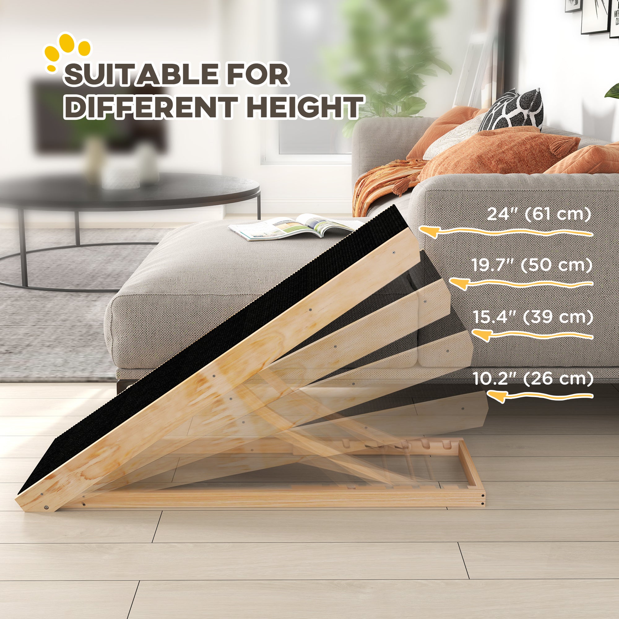 PawHut Dog Ramp for Bed Couch, Foldable Wooden Pet Ramp Height Adjustable 4 Levels, for Cats Large Dogs with Non Slip Carpeted Surface, Natural