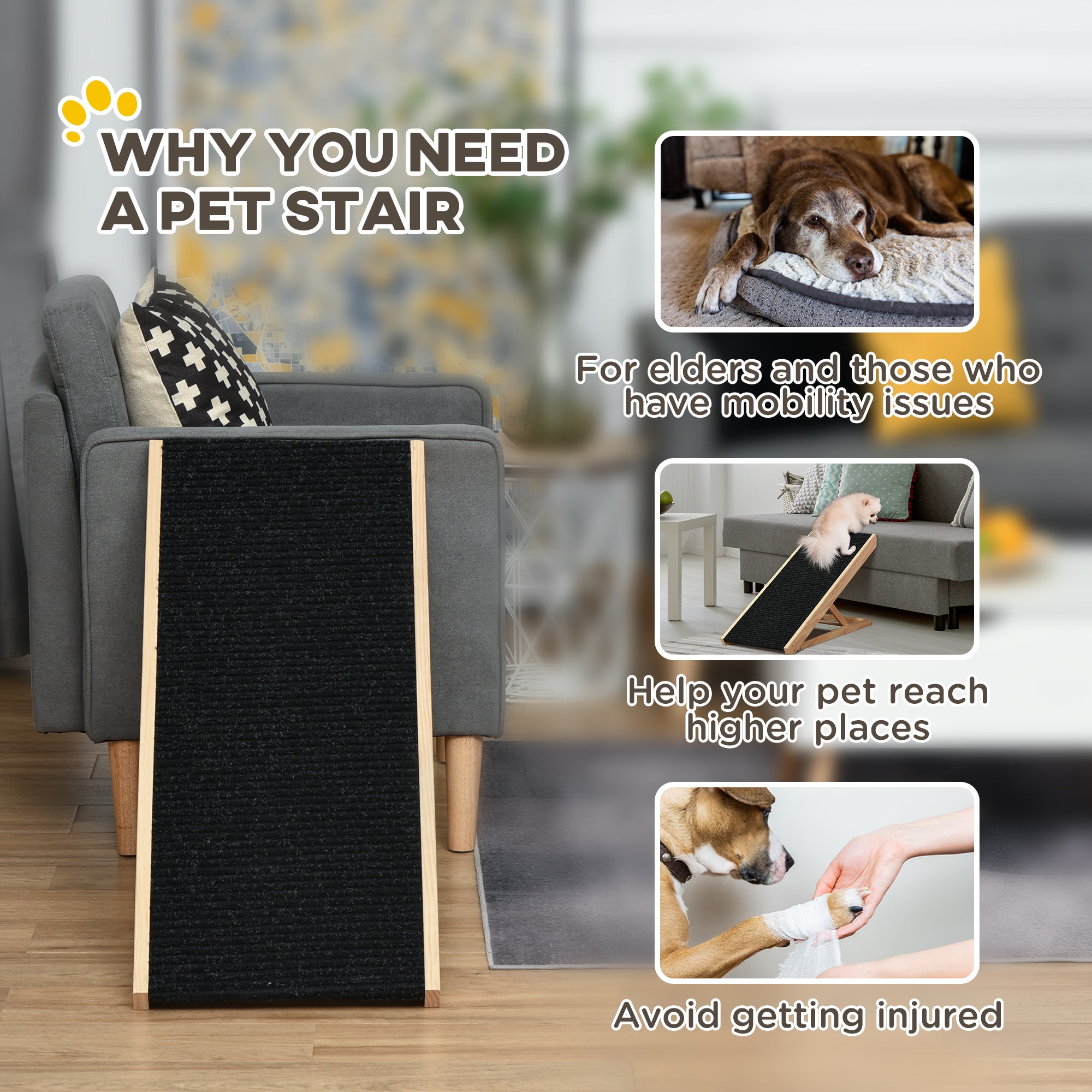 PawHut Dog Ramp for Bed Couch, Foldable Wooden Pet Ramp Height Adjustable 4 Levels, for Cats Large Dogs with Non Slip Carpeted Surface, Natural