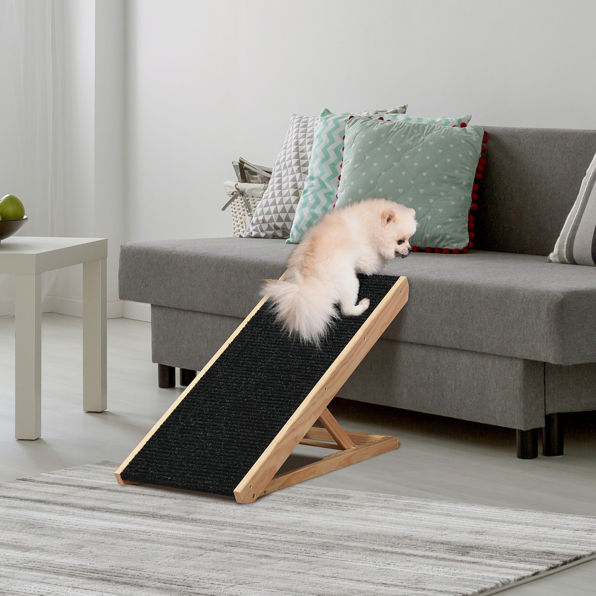 PawHut Dog Ramp for Bed Couch, Foldable Wooden Pet Ramp Height Adjustable 4 Levels, for Cats Large Dogs with Non Slip Carpeted Surface, Natural