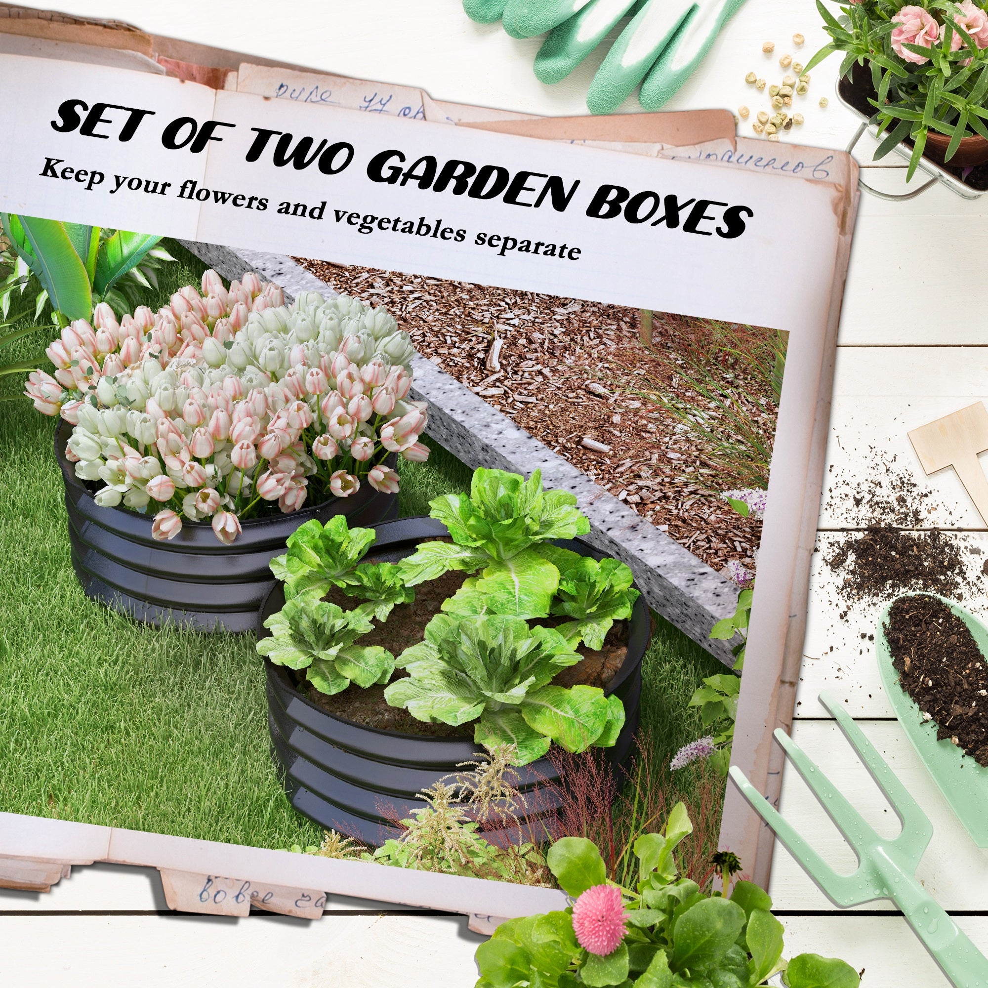 Outsunny 2' x1' Round Raised Garden Bed Set of 2, Outdoor Elevated Planter Box with Safety Edging, Easy-to-assemble Stock Tank for Growing Flowers, Herbs and Vegetables, Dark Grey