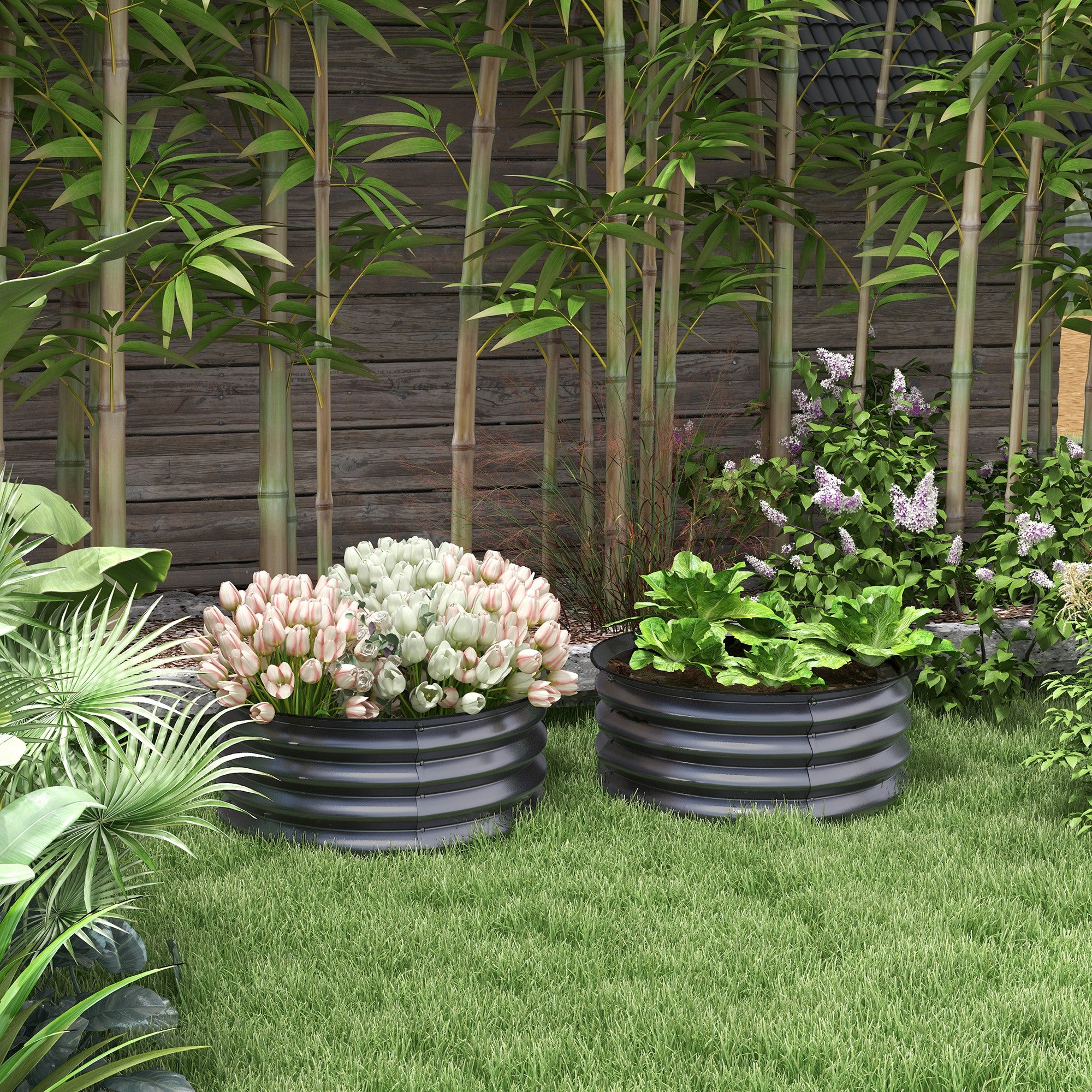 Outsunny 2' x1' Round Raised Garden Bed Set of 2, Outdoor Elevated Planter Box with Safety Edging, Easy-to-assemble Stock Tank for Growing Flowers, Herbs and Vegetables, Dark Grey
