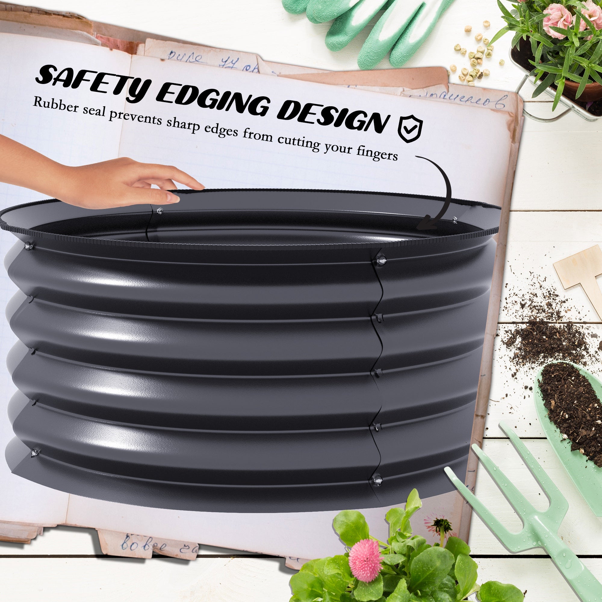 Outsunny 2' x1' Round Raised Garden Bed Set of 2, Outdoor Elevated Planter Box with Safety Edging, Easy-to-assemble Stock Tank for Growing Flowers, Herbs and Vegetables, Dark Grey