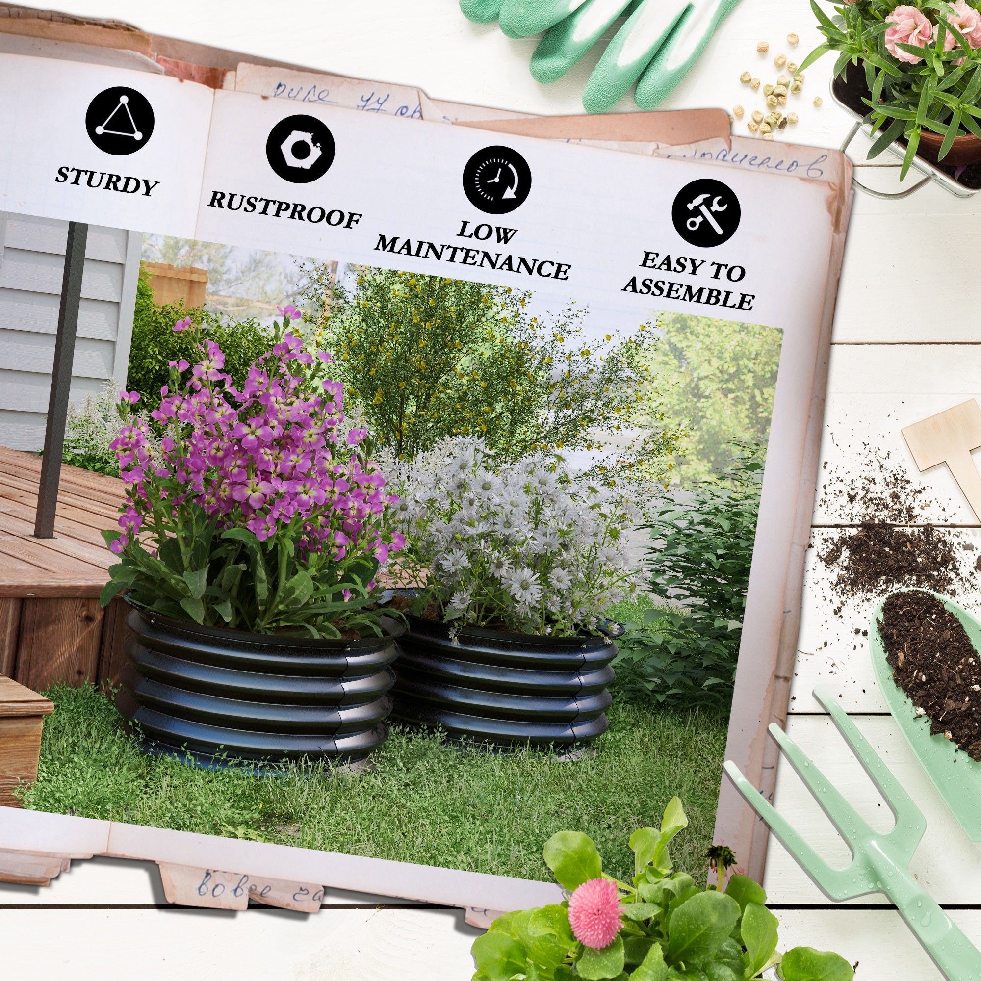 Outsunny 2' x1' Round Raised Garden Bed Set of 2, Outdoor Elevated Planter Box with Safety Edging, Easy-to-assemble Stock Tank for Growing Flowers, Herbs and Vegetables, Dark Grey