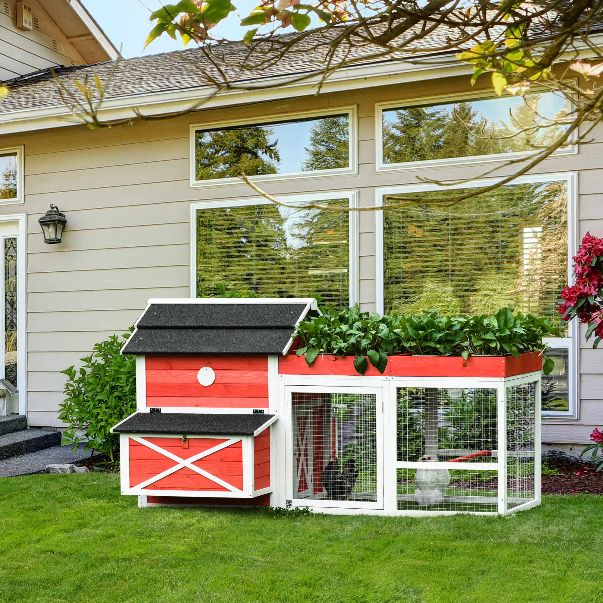 PawHut 82" Chicken Coop Wooden Rabbit Hutch Small Animal Habitat Hen Ducks House with Run Nesting Box Waterproof Roof, Red