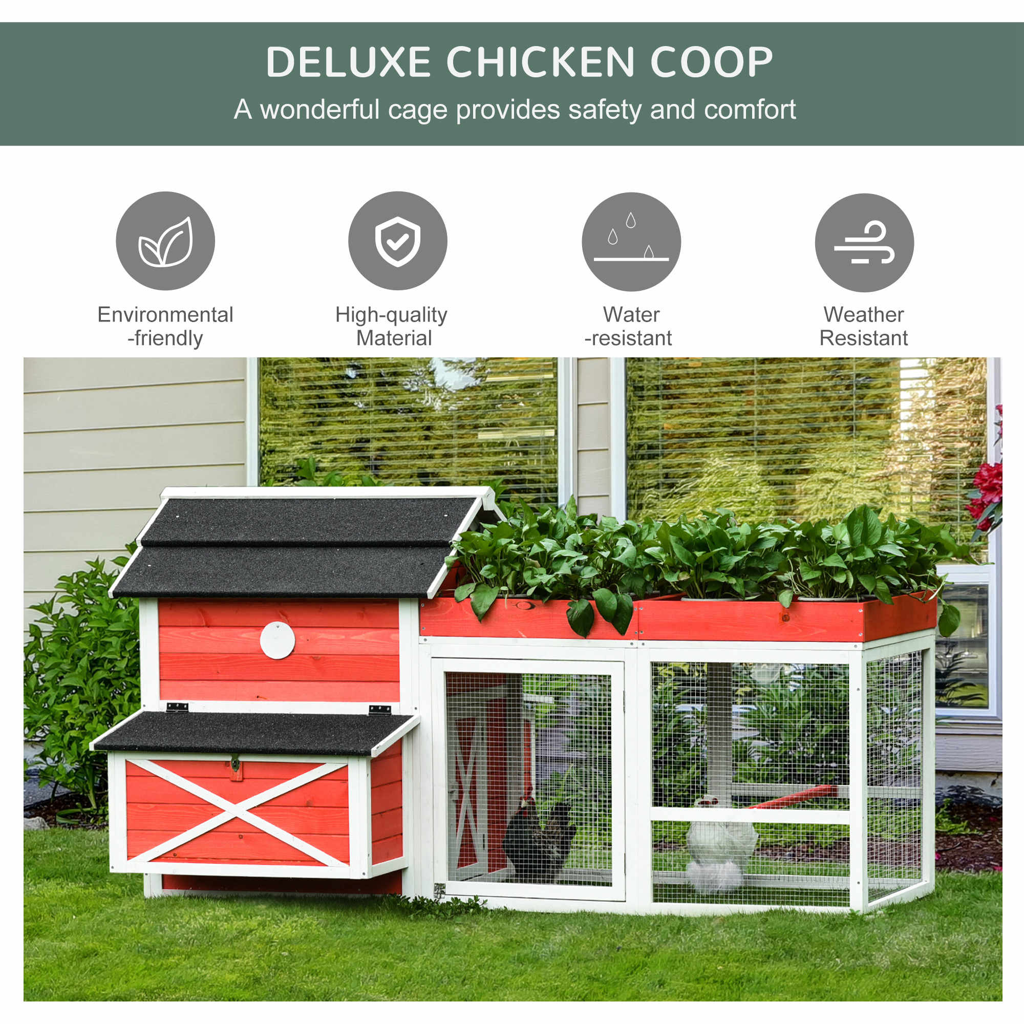 PawHut 82" Chicken Coop Wooden Rabbit Hutch Small Animal Habitat Hen Ducks House with Run Nesting Box Waterproof Roof, Red