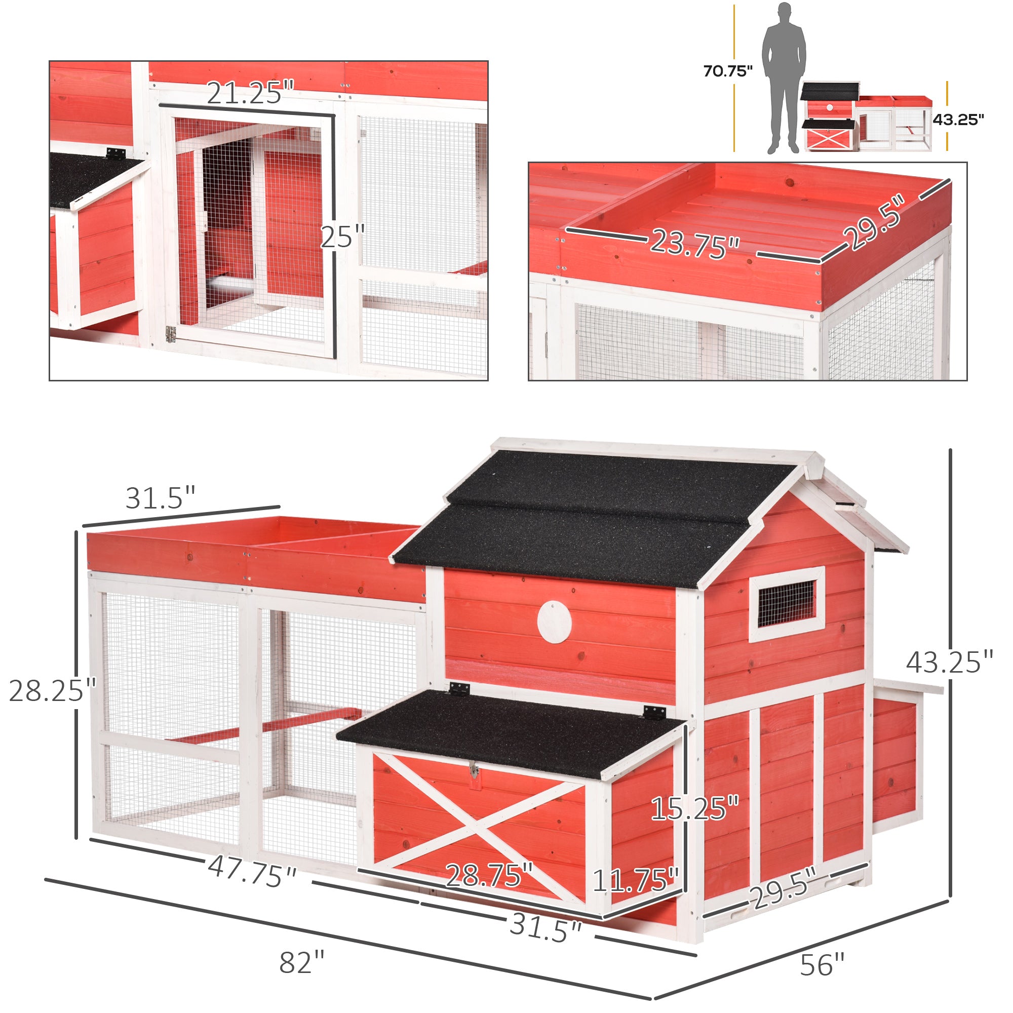 PawHut 82" Chicken Coop Wooden Rabbit Hutch Small Animal Habitat Hen Ducks House with Run Nesting Box Waterproof Roof, Red