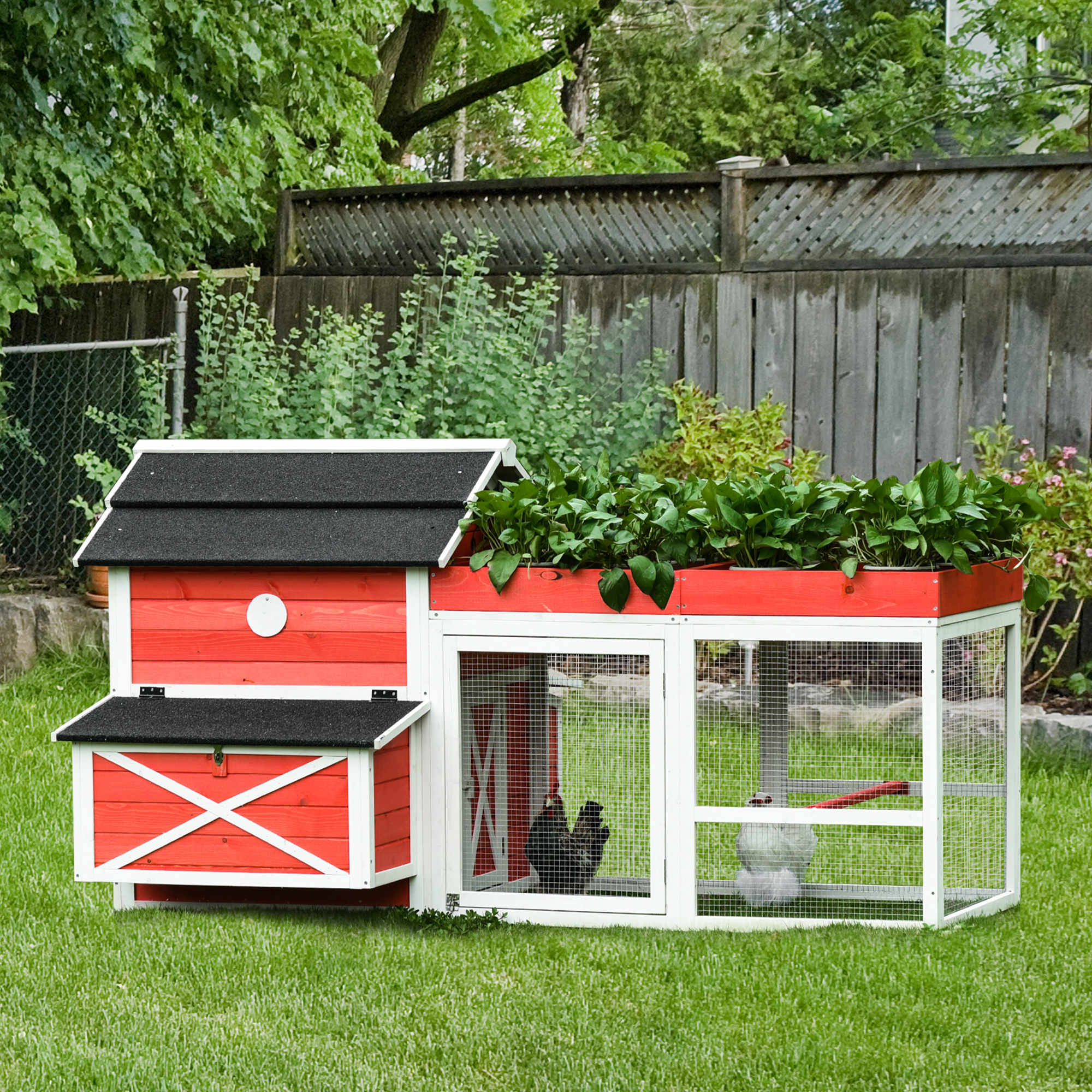 PawHut 82" Chicken Coop Wooden Rabbit Hutch Small Animal Habitat Hen Ducks House with Run Nesting Box Waterproof Roof, Red