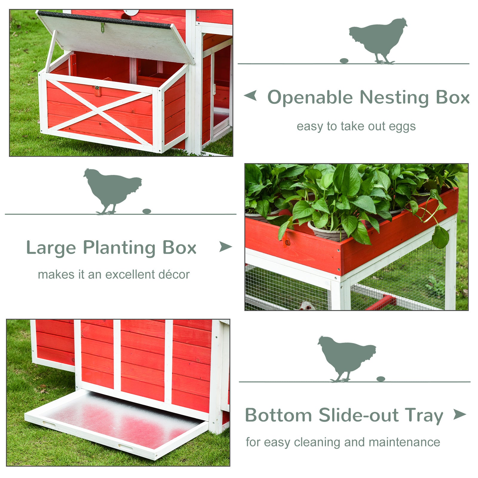 PawHut 82" Chicken Coop Wooden Rabbit Hutch Small Animal Habitat Hen Ducks House with Run Nesting Box Waterproof Roof, Red