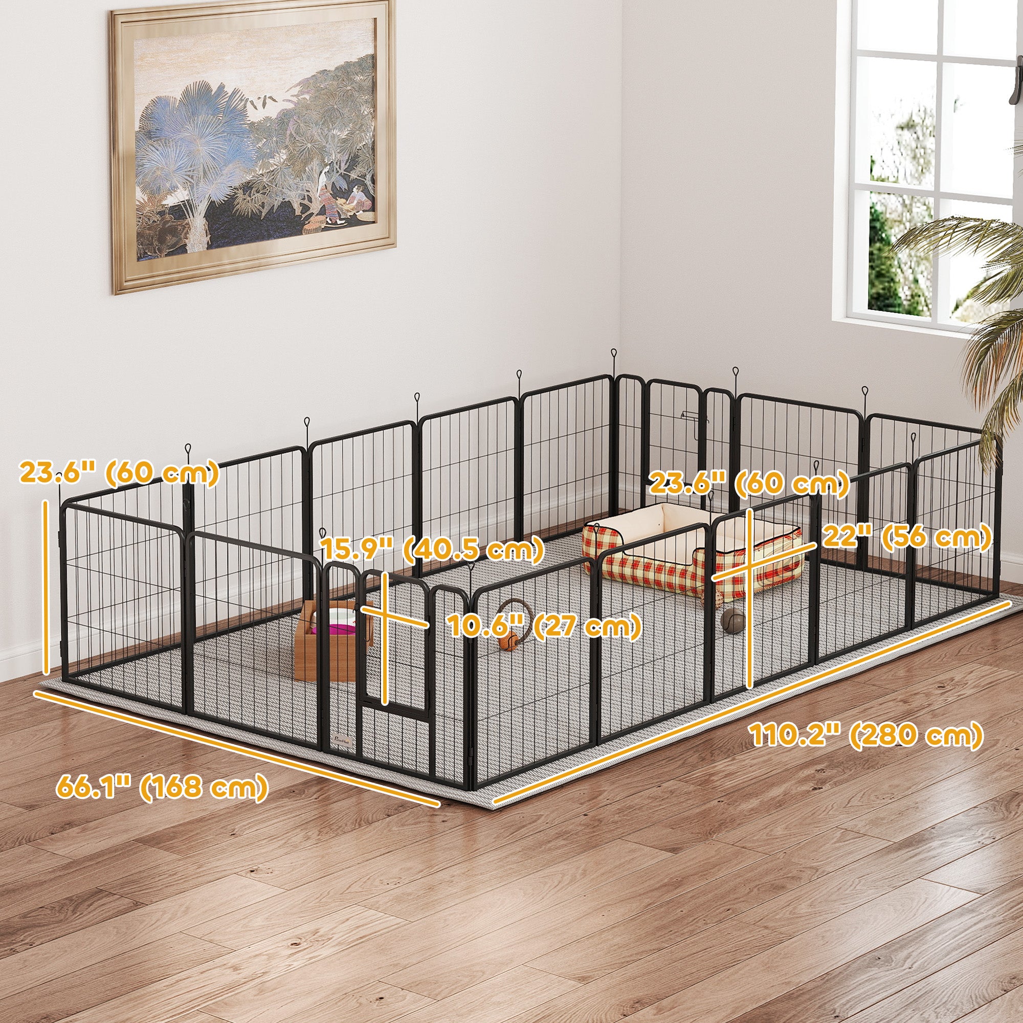 PawHut 16 Panels Dog Playpen, 24" Heavy Duty Dog Pen, Portable & Foldable Dog Fence with Door & Strap for Indoor Outdoor Backyard Garden, Puppy Pet Playpen for Small Dogs