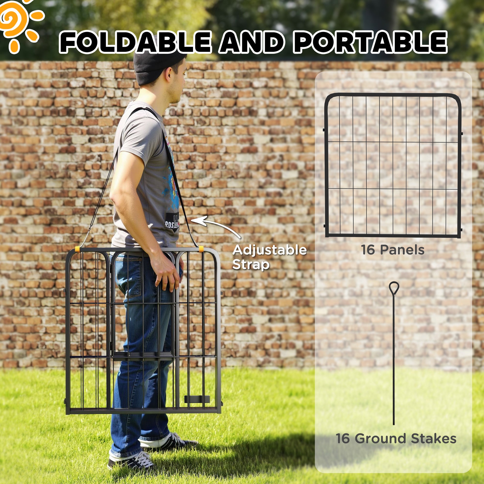 PawHut 16 Panels Dog Playpen, 24" Heavy Duty Dog Pen, Portable & Foldable Dog Fence with Door & Strap for Indoor Outdoor Backyard Garden, Puppy Pet Playpen for Small Dogs