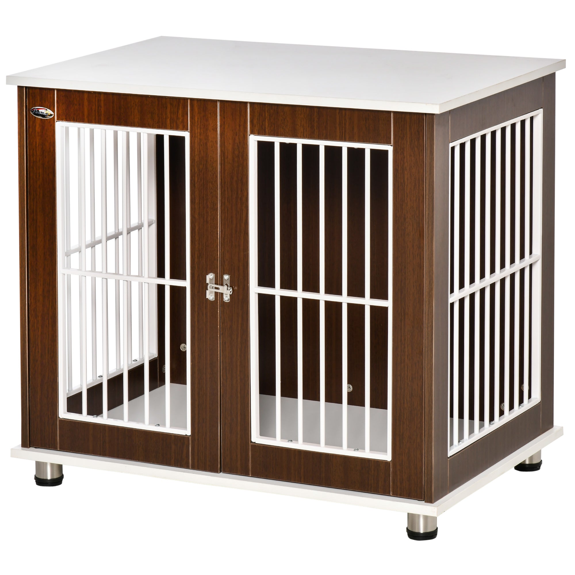PawHut 34'' Wooden Dog Cage, Modern Wire Dog Crate, Pet Kennel with Door, Lock, Adjustable Foot Pads, for Small and Medium Dogs, Coffee and White
