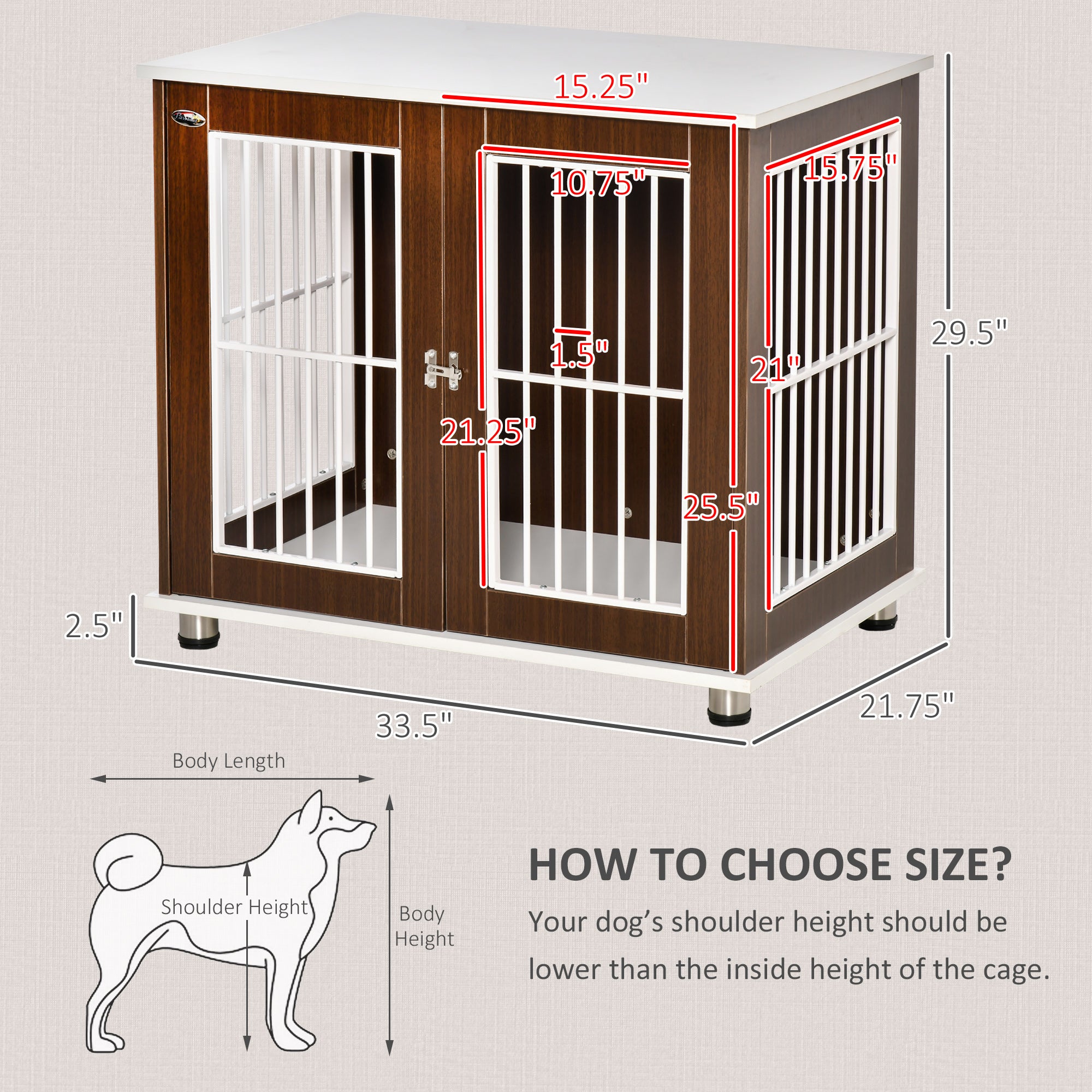 PawHut 34'' Wooden Dog Cage, Modern Wire Dog Crate, Pet Kennel with Door, Lock, Adjustable Foot Pads, for Small and Medium Dogs, Coffee and White