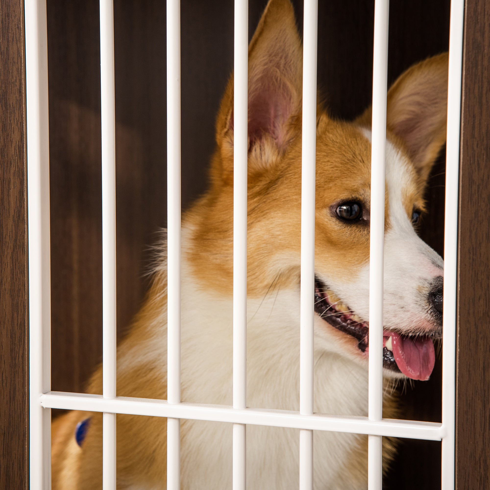 PawHut 34'' Wooden Dog Cage, Modern Wire Dog Crate, Pet Kennel with Door, Lock, Adjustable Foot Pads, for Small and Medium Dogs, Coffee and White