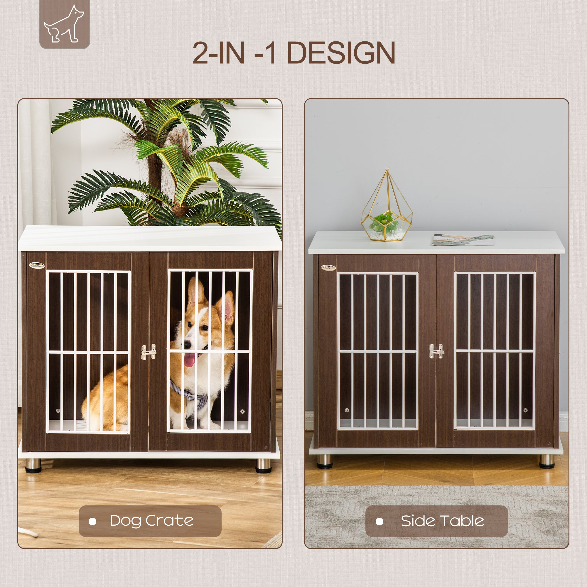 PawHut 34'' Wooden Dog Cage, Modern Wire Dog Crate, Pet Kennel with Door, Lock, Adjustable Foot Pads, for Small and Medium Dogs, Coffee and White