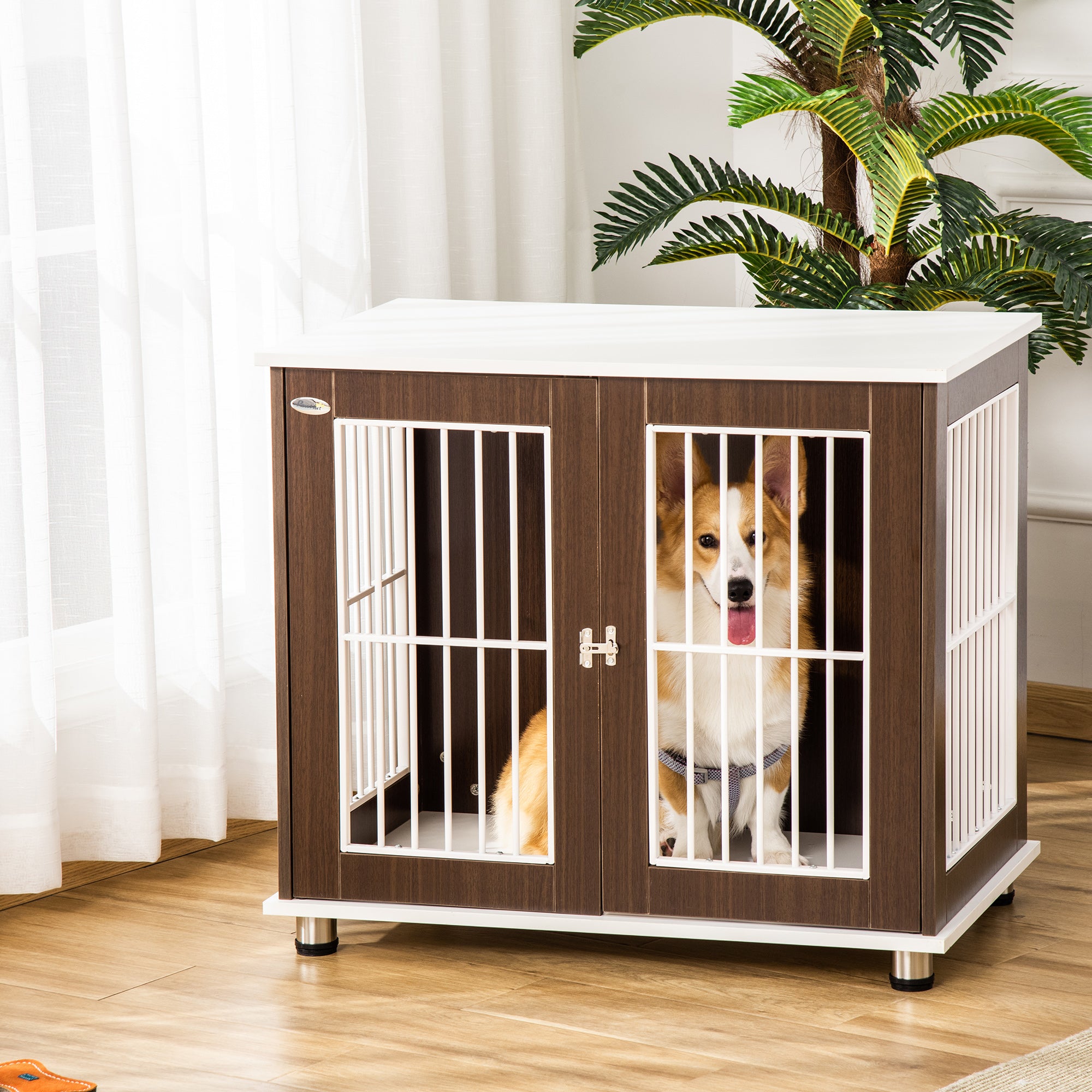 PawHut 34'' Wooden Dog Cage, Modern Wire Dog Crate, Pet Kennel with Door, Lock, Adjustable Foot Pads, for Small and Medium Dogs, Coffee and White