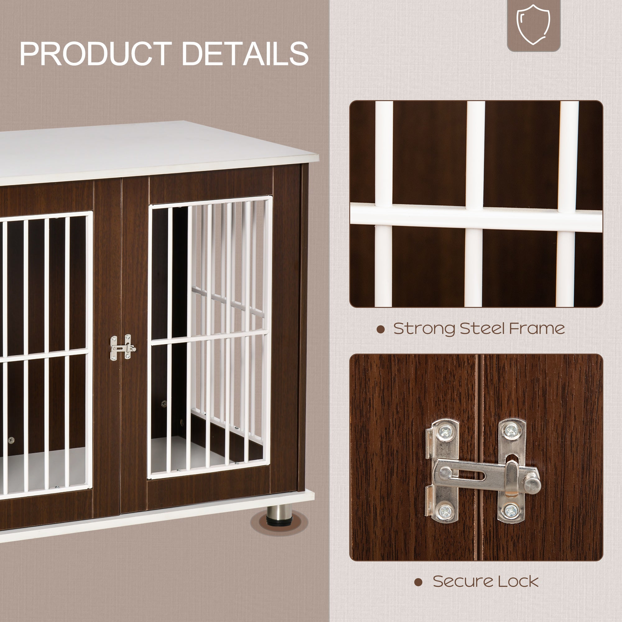 PawHut 34'' Wooden Dog Cage, Modern Wire Dog Crate, Pet Kennel with Door, Lock, Adjustable Foot Pads, for Small and Medium Dogs, Coffee and White