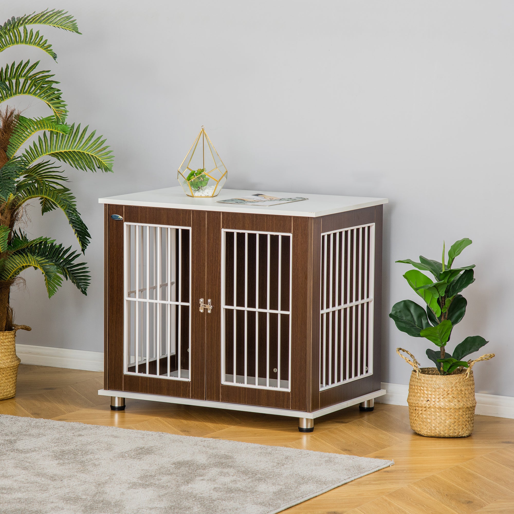 PawHut 34'' Wooden Dog Cage, Modern Wire Dog Crate, Pet Kennel with Door, Lock, Adjustable Foot Pads, for Small and Medium Dogs, Coffee and White