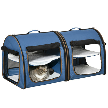 PawHut 39" Portable Soft-Sided Cat Carrier, Travel Pet Carrier with Divider, Two Compartments, Soft Cushions, & Storage Bag, Blue