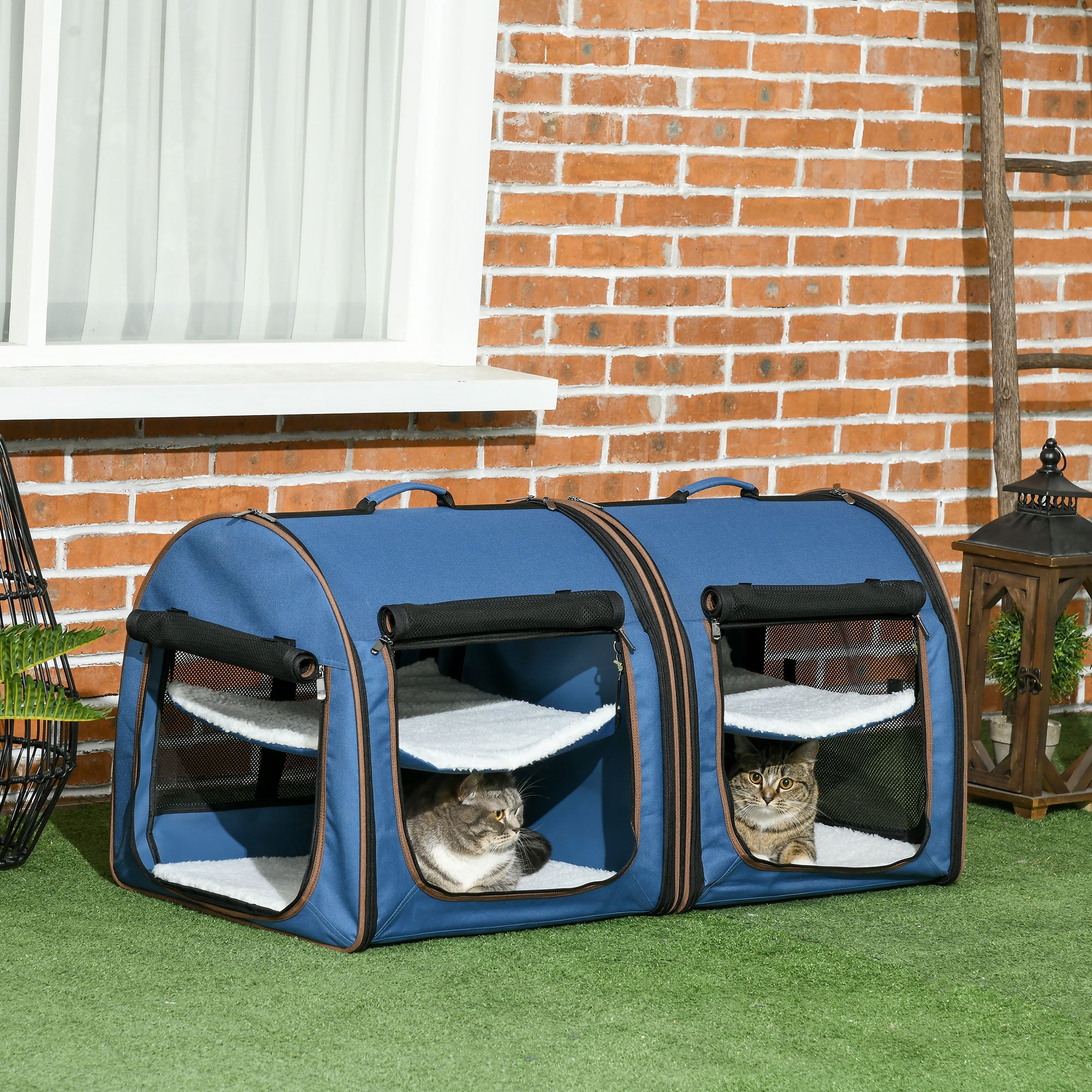 PawHut 39" Portable Soft-Sided Cat Carrier, Travel Pet Carrier with Divider, Two Compartments, Soft Cushions, & Storage Bag, Blue