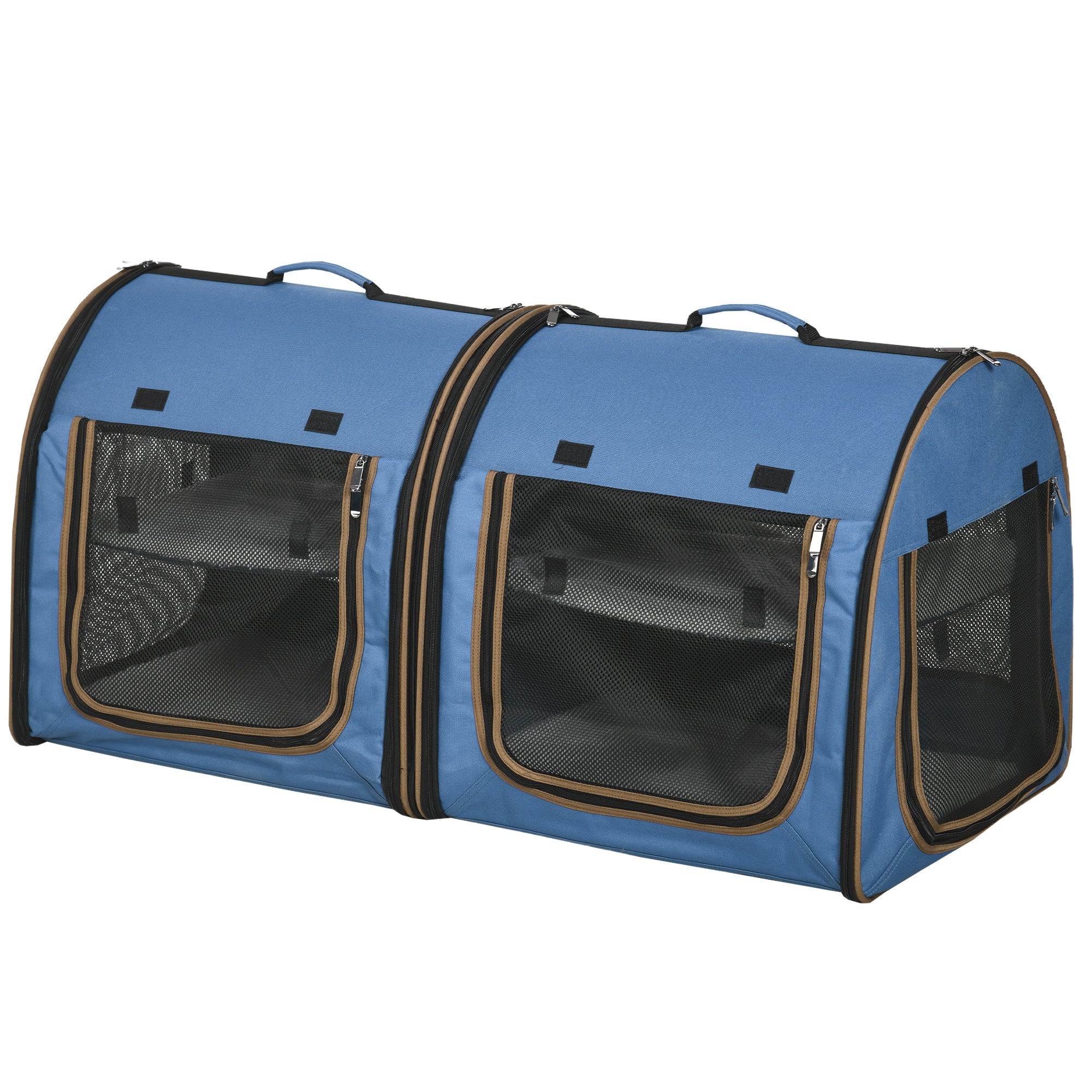 PawHut 39" Portable Soft-Sided Cat Carrier, Travel Pet Carrier with Divider, Two Compartments, Soft Cushions, & Storage Bag, Blue