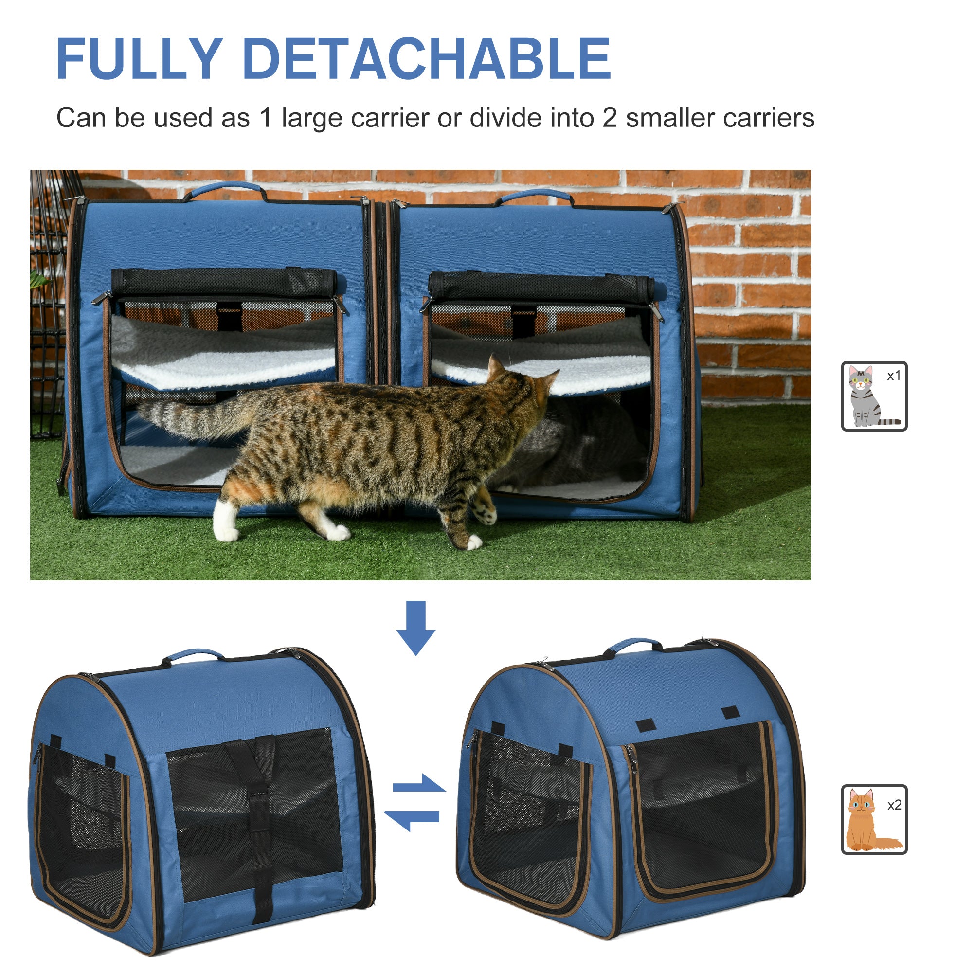 PawHut 39" Portable Soft-Sided Cat Carrier, Travel Pet Carrier with Divider, Two Compartments, Soft Cushions, & Storage Bag, Blue