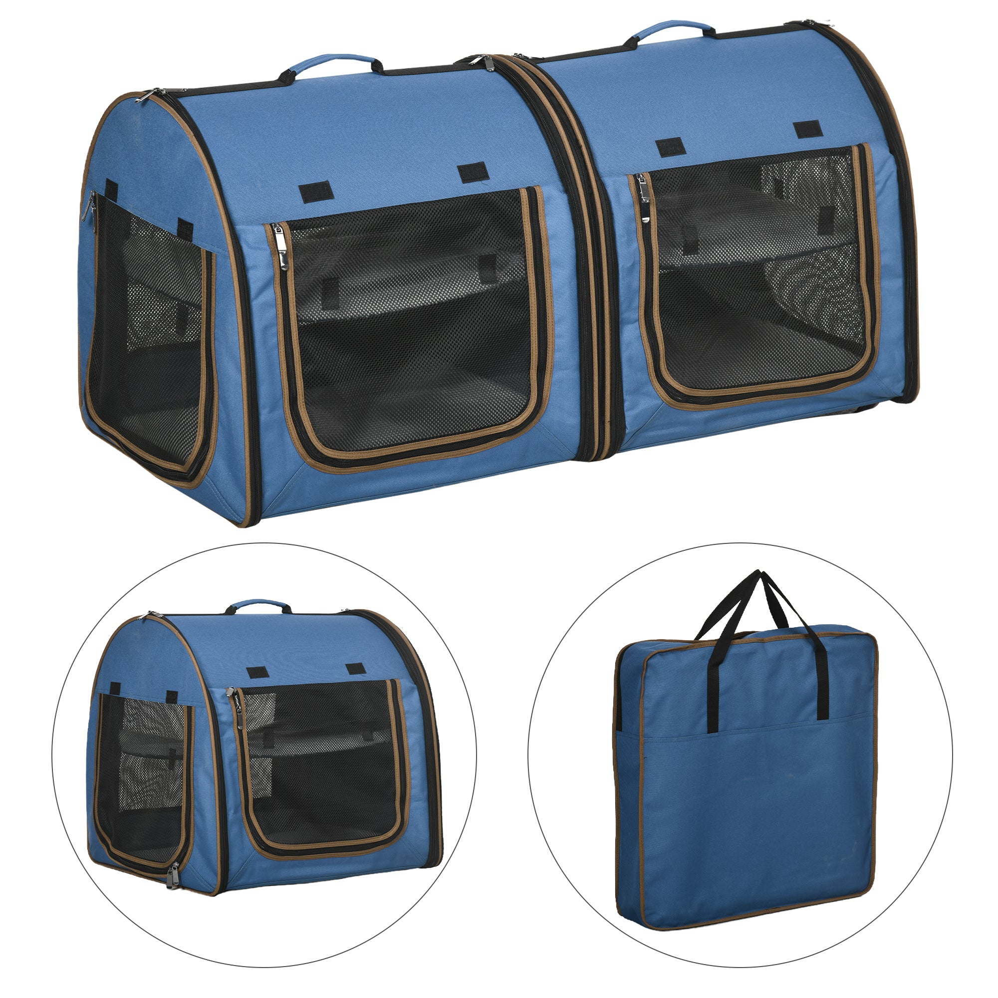 PawHut 39" Portable Soft-Sided Cat Carrier, Travel Pet Carrier with Divider, Two Compartments, Soft Cushions, & Storage Bag, Blue