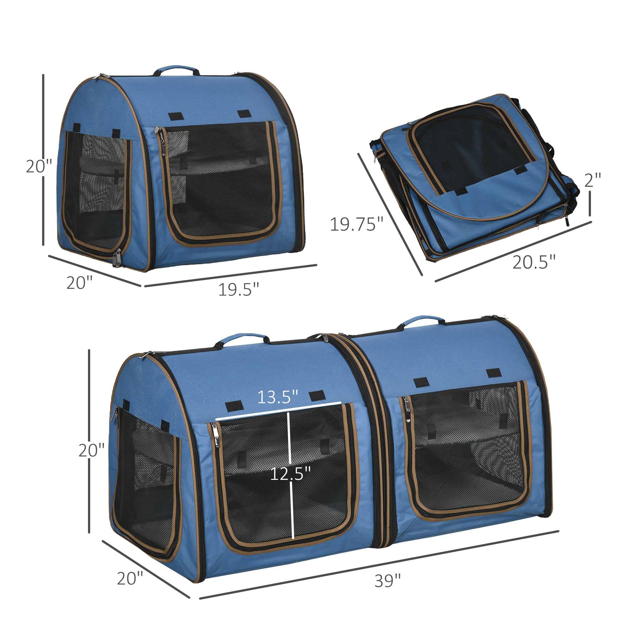 PawHut 39" Portable Soft-Sided Cat Carrier, Travel Pet Carrier with Divider, Two Compartments, Soft Cushions, & Storage Bag, Blue
