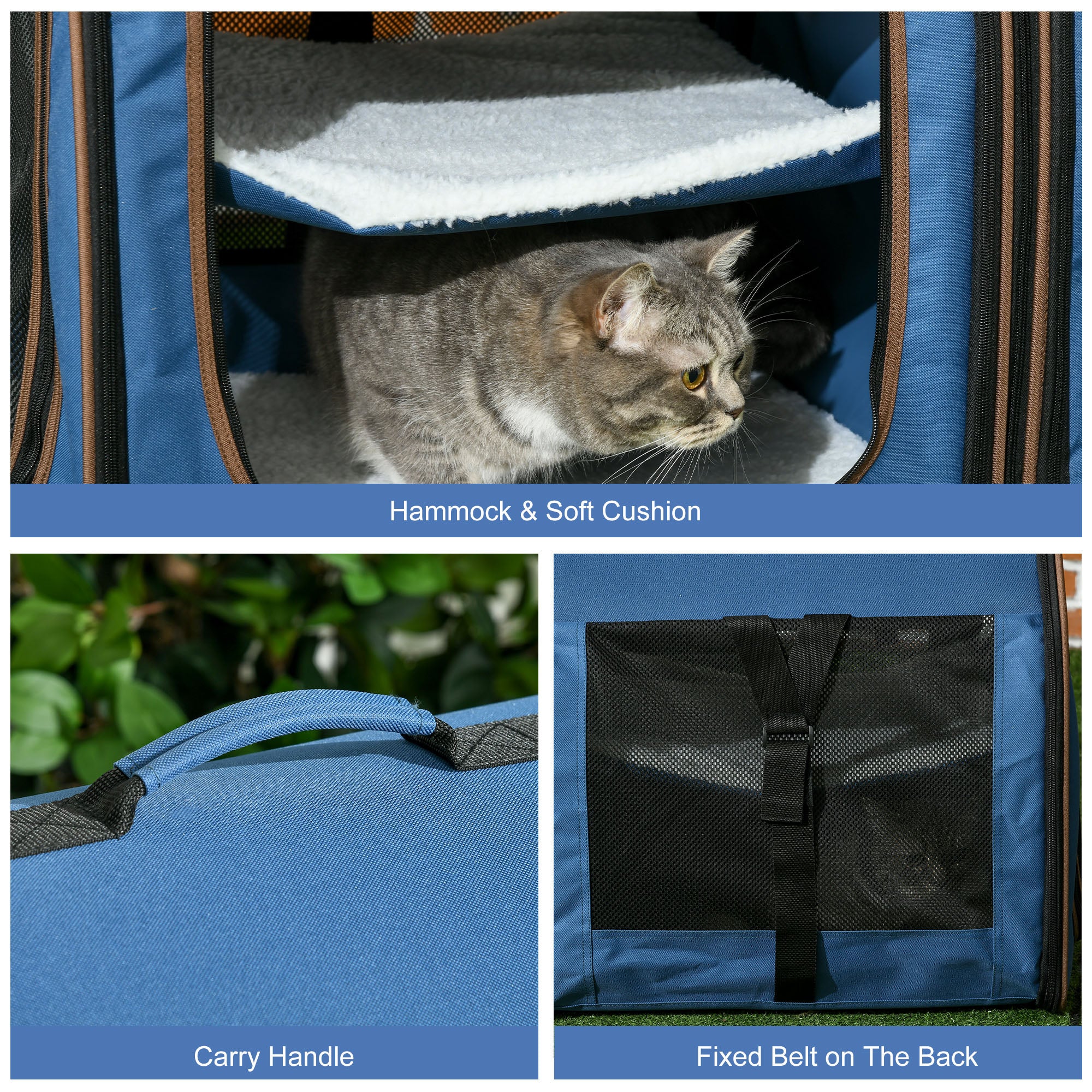PawHut 39" Portable Soft-Sided Cat Carrier, Travel Pet Carrier with Divider, Two Compartments, Soft Cushions, & Storage Bag, Blue