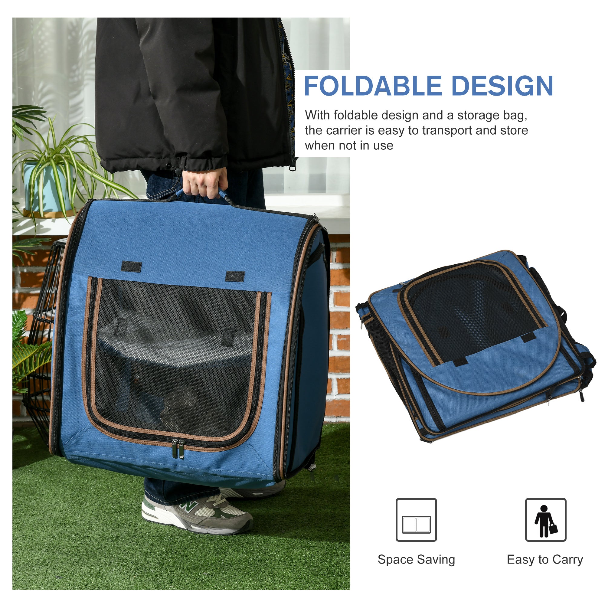 PawHut 39" Portable Soft-Sided Cat Carrier, Travel Pet Carrier with Divider, Two Compartments, Soft Cushions, & Storage Bag, Blue