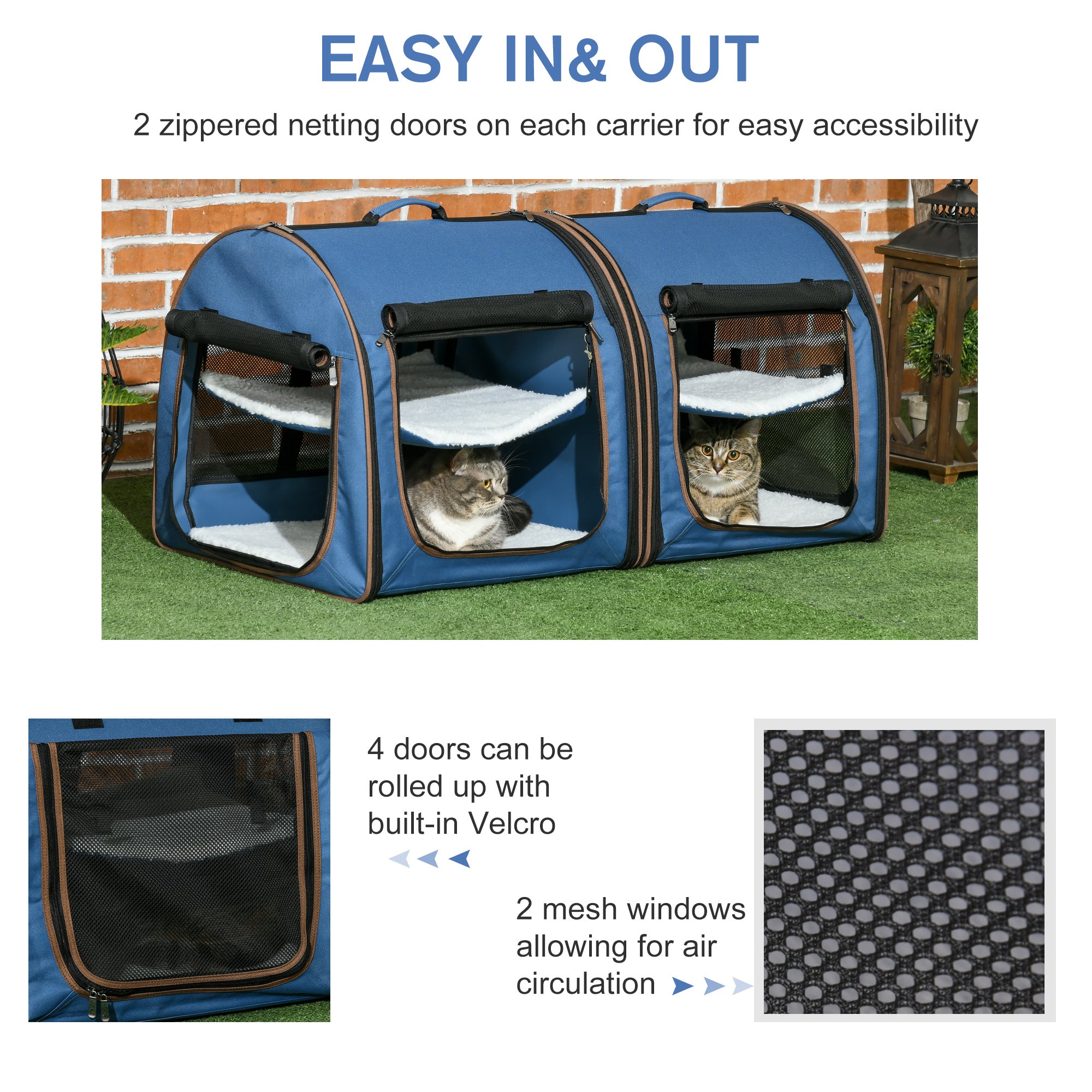 PawHut 39" Portable Soft-Sided Cat Carrier, Travel Pet Carrier with Divider, Two Compartments, Soft Cushions, & Storage Bag, Blue