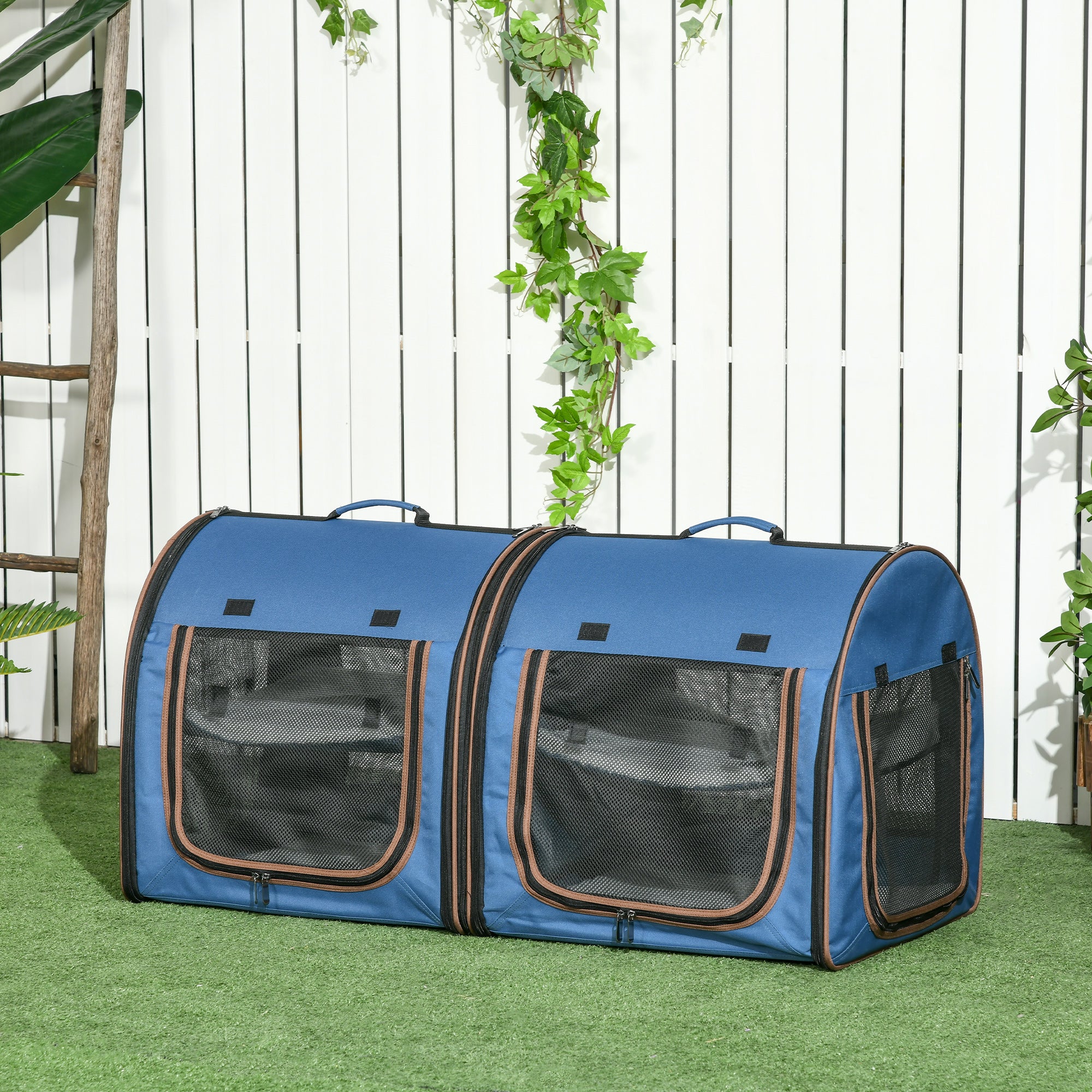 PawHut 39" Portable Soft-Sided Cat Carrier, Travel Pet Carrier with Divider, Two Compartments, Soft Cushions, & Storage Bag, Blue