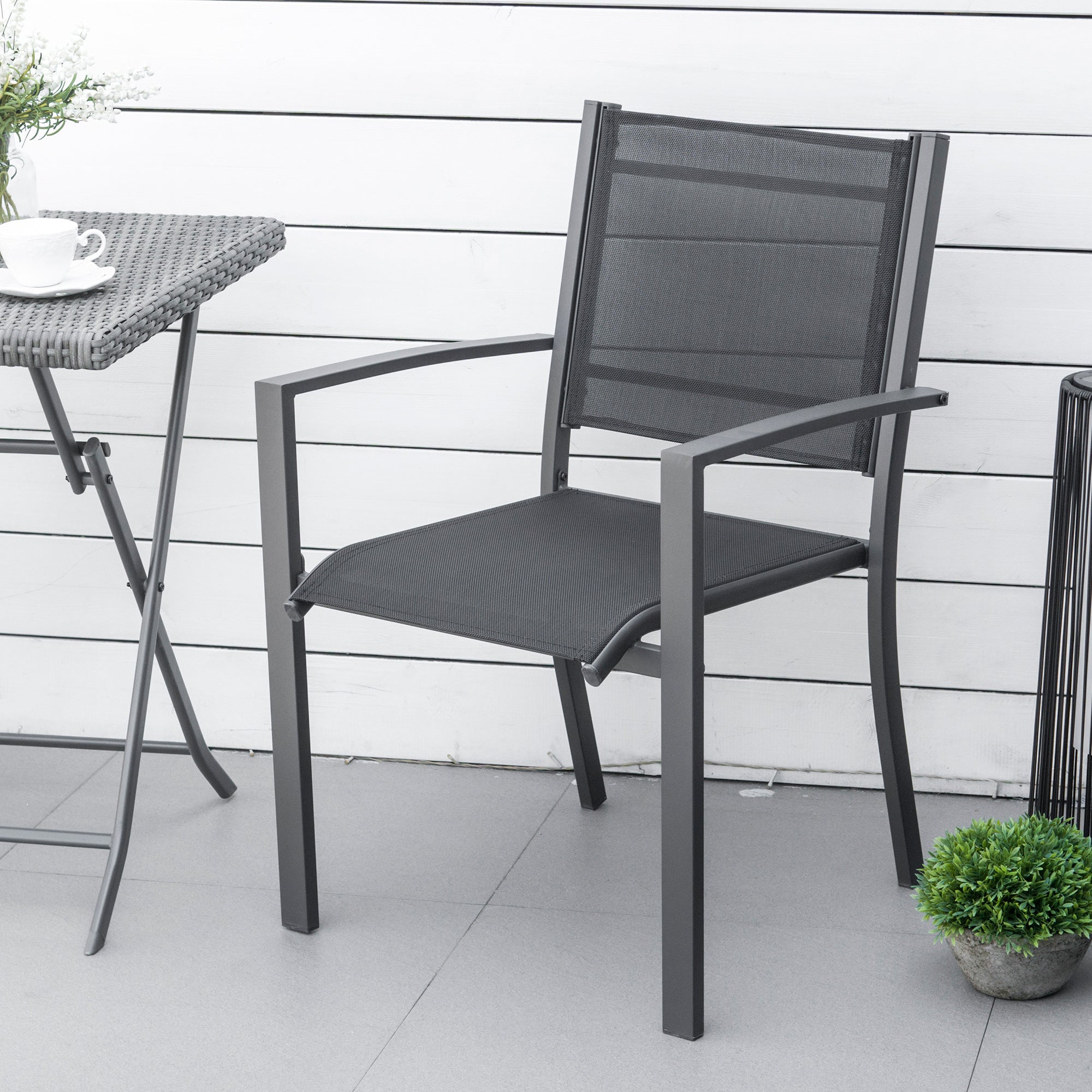 Outsunny Set of 2 Patio Dining Chair Outdoor Mesh Seat Heavy Duty Stackable Garden Bistro Chairs Yard Home Furniture Dark Grey