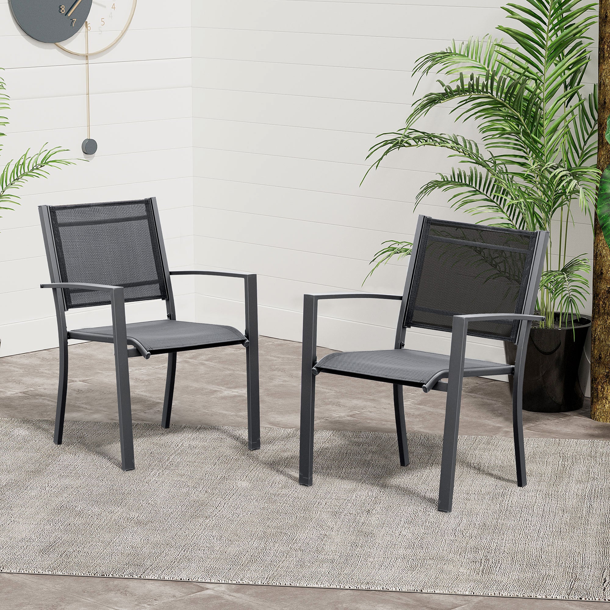 Outsunny Set of 2 Patio Dining Chair Outdoor Mesh Seat Heavy Duty Stackable Garden Bistro Chairs Yard Home Furniture Dark Grey