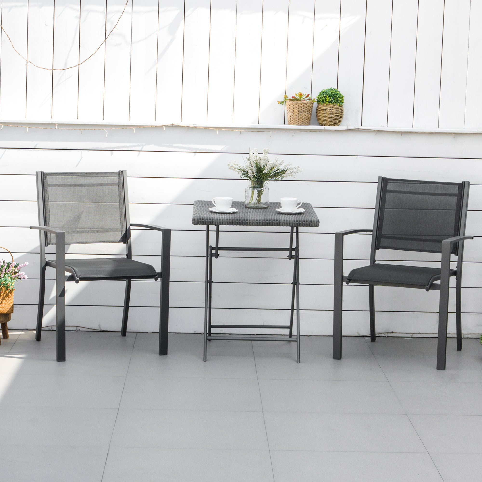 Outsunny Set of 2 Patio Dining Chair Outdoor Mesh Seat Heavy Duty Stackable Garden Bistro Chairs Yard Home Furniture Dark Grey