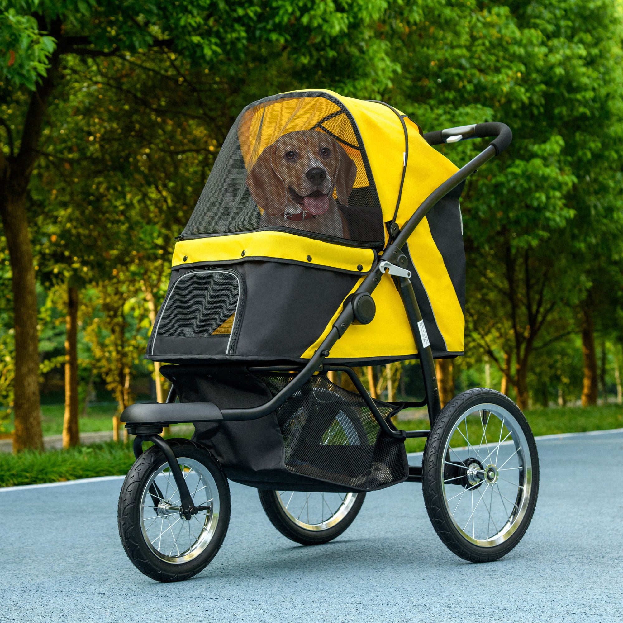 PawHut Dog Pram Dog Stroller Jogger Foldable Pet Pushchair for Medium, Small Dogs, w/ Rubber Wheels, Washable Cushion - Yellow