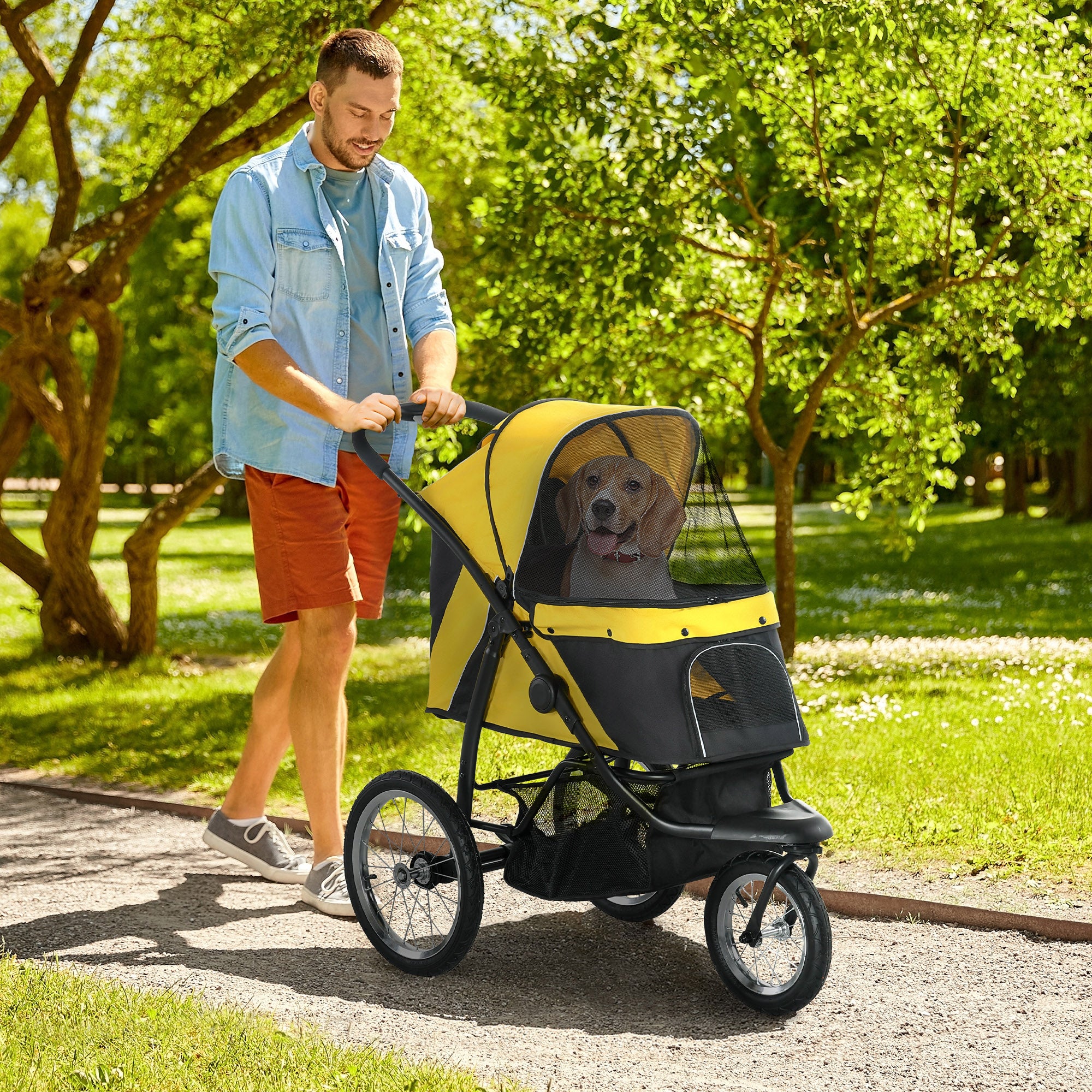 PawHut Dog Pram Dog Stroller Jogger Foldable Pet Pushchair for Medium, Small Dogs, w/ Rubber Wheels, Washable Cushion - Yellow