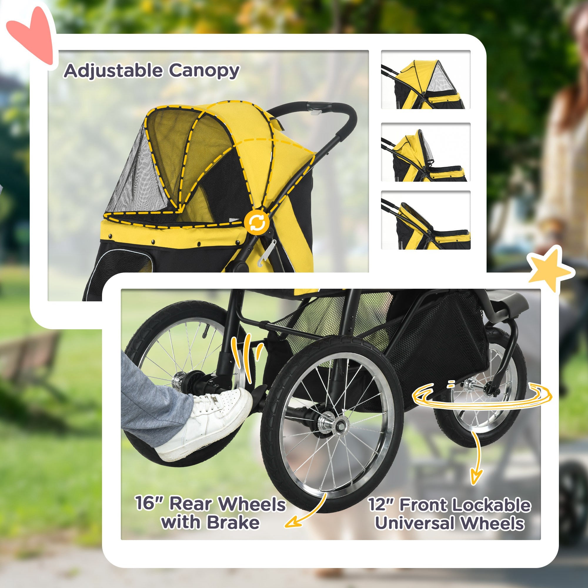 PawHut Dog Pram Dog Stroller Jogger Foldable Pet Pushchair for Medium, Small Dogs, w/ Rubber Wheels, Washable Cushion - Yellow