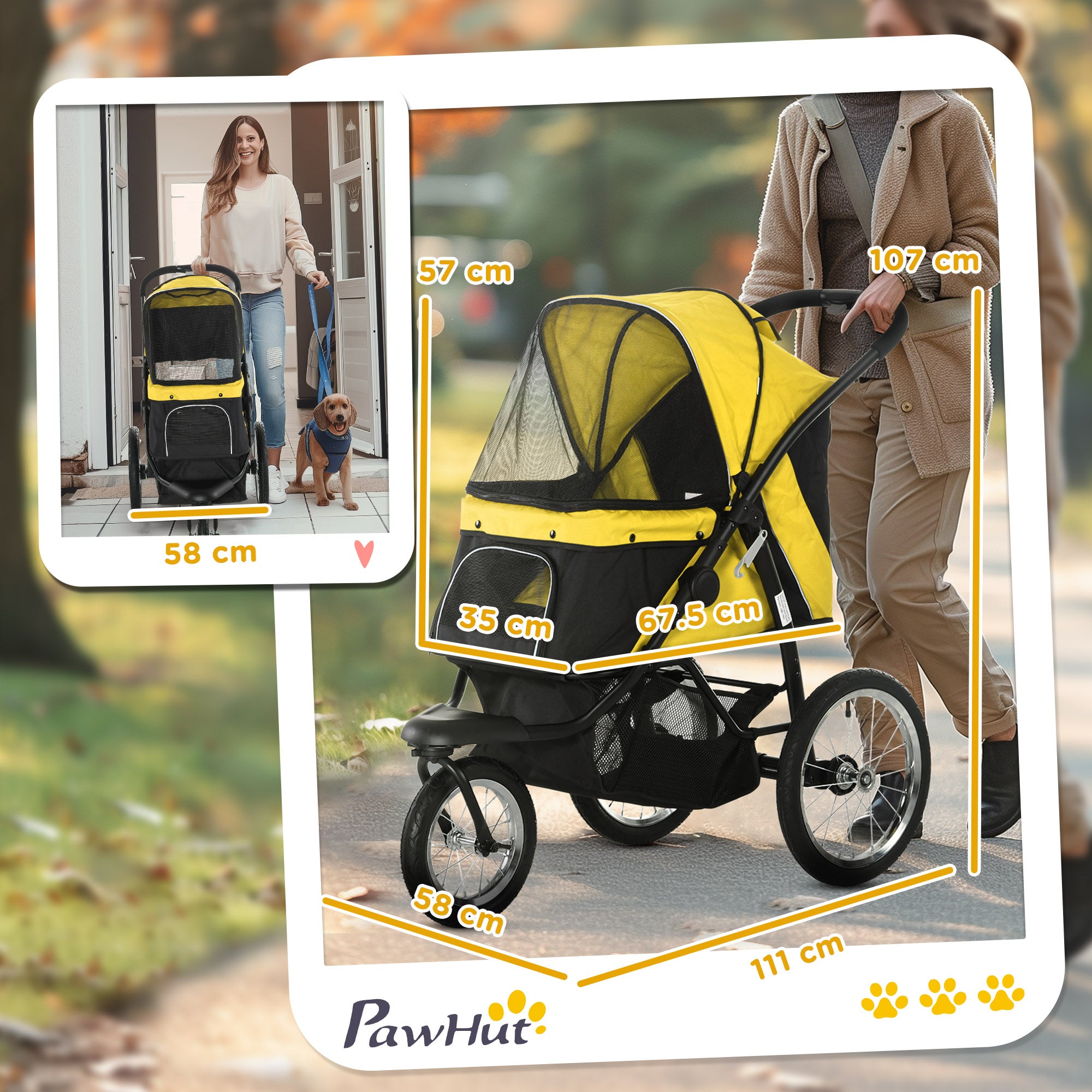 PawHut Dog Pram Dog Stroller Jogger Foldable Pet Pushchair for Medium, Small Dogs, w/ Rubber Wheels, Washable Cushion - Yellow