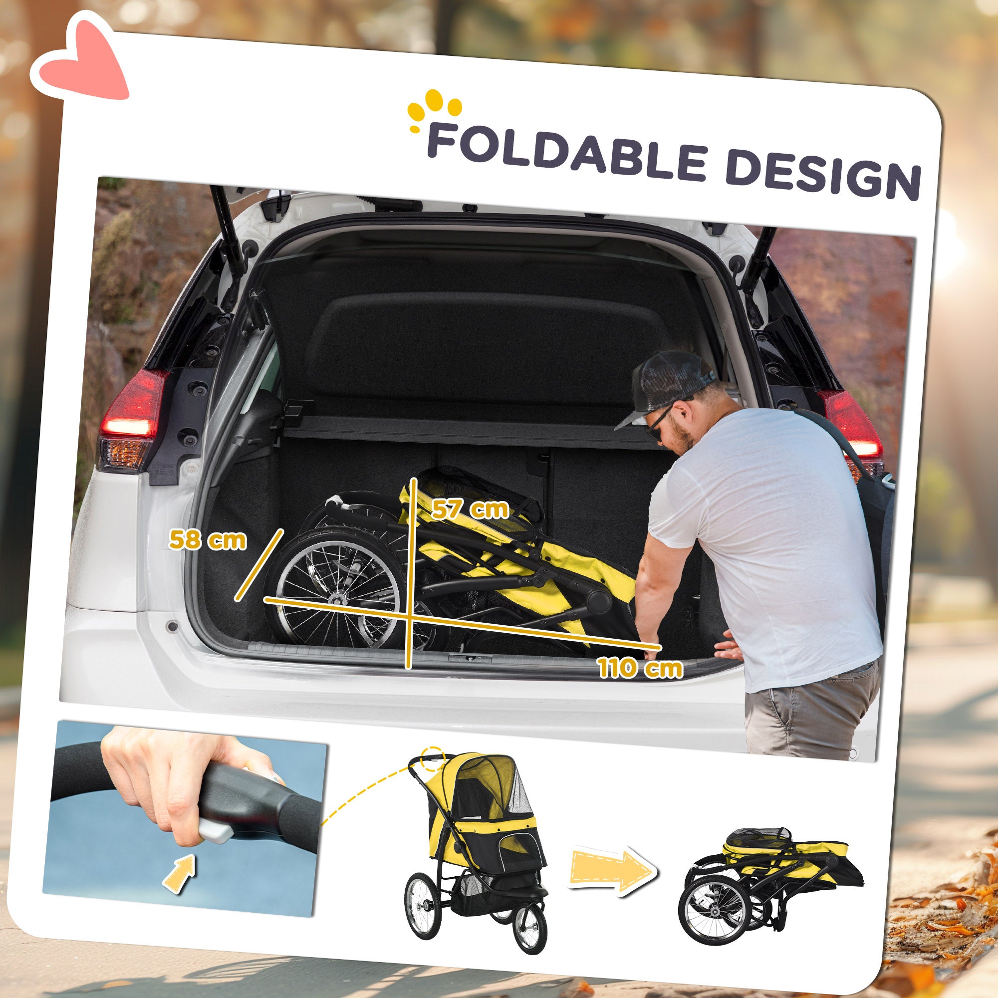PawHut Dog Pram Dog Stroller Jogger Foldable Pet Pushchair for Medium, Small Dogs, w/ Rubber Wheels, Washable Cushion - Yellow