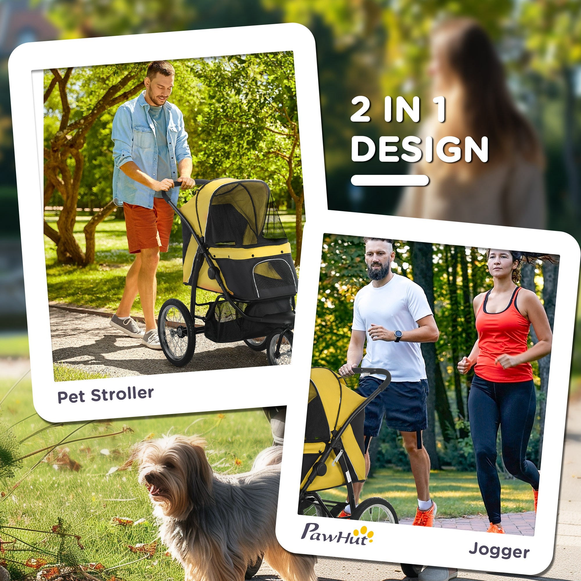 PawHut Dog Pram Dog Stroller Jogger Foldable Pet Pushchair for Medium, Small Dogs, w/ Rubber Wheels, Washable Cushion - Yellow